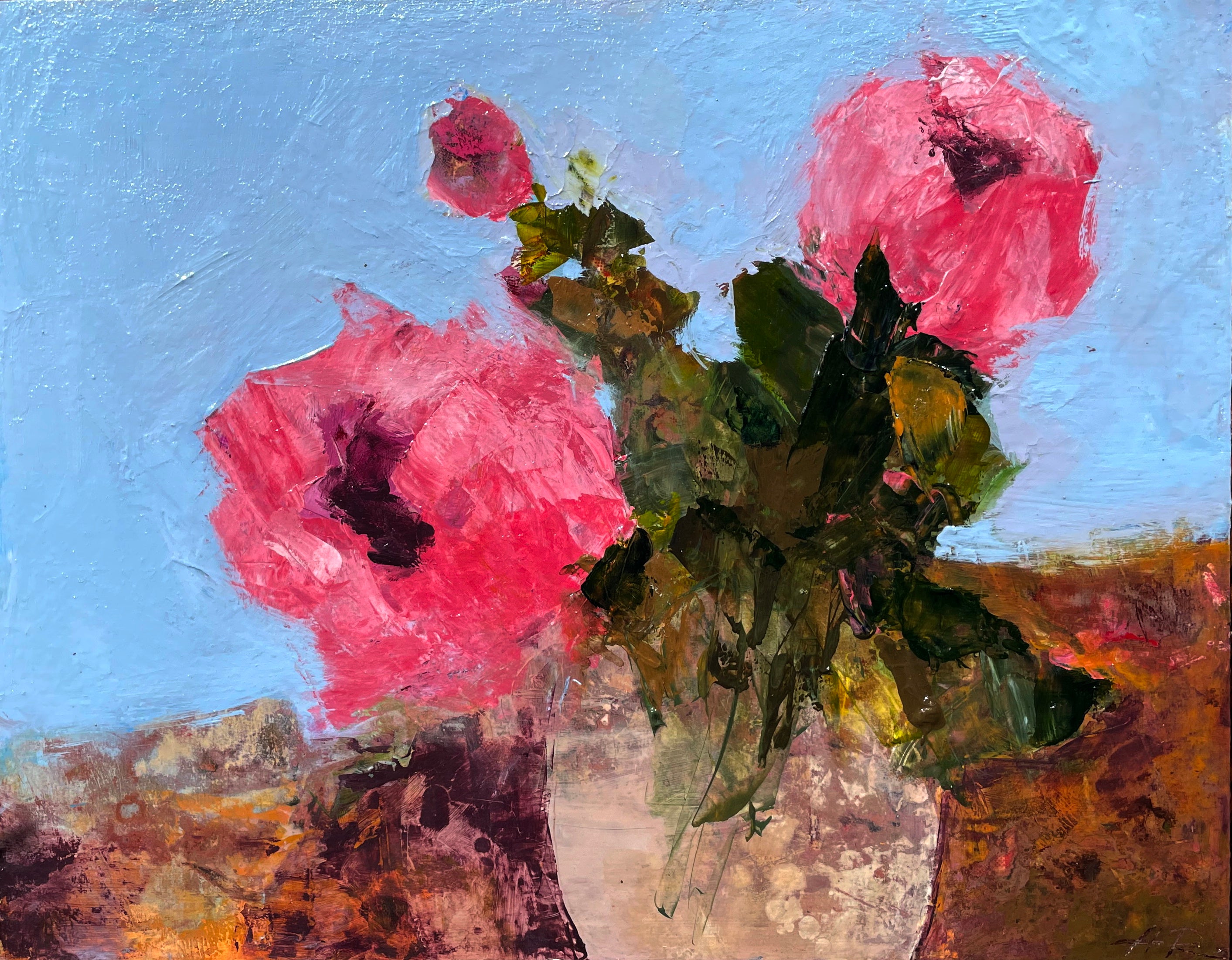 Pink Flowers On Blue