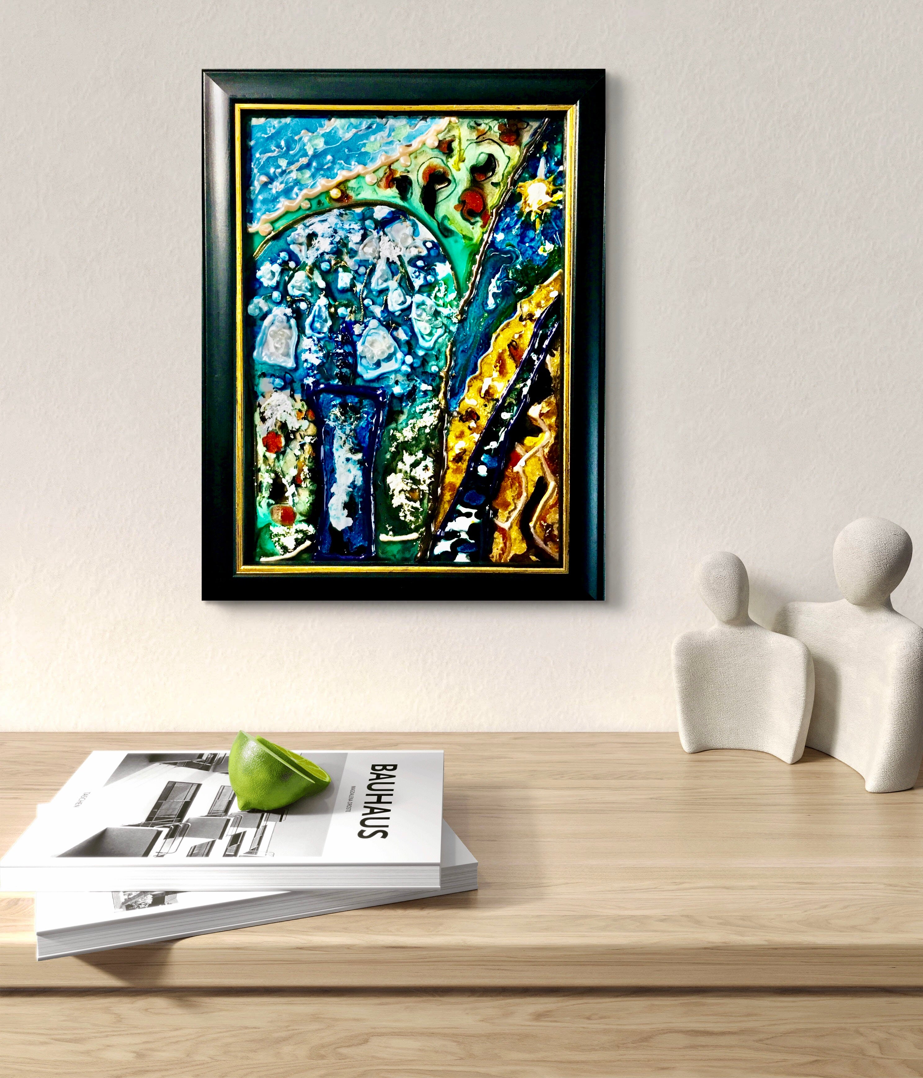 Snowdrops Fantasy Abstract Painting on Glass | Mixed Media Art with Natural Stones | Unique Gift