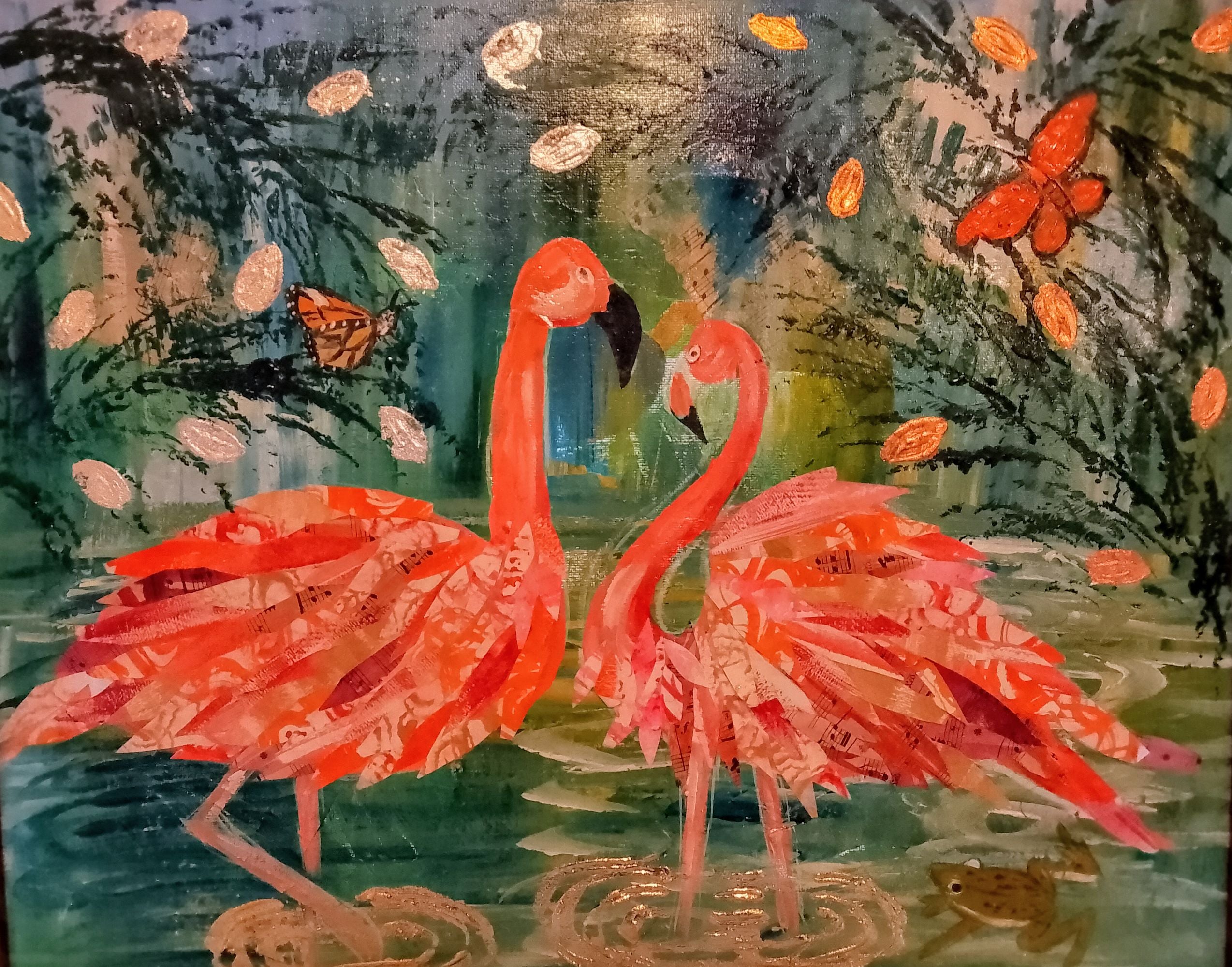 Flamingos in love among the shiny Leaves