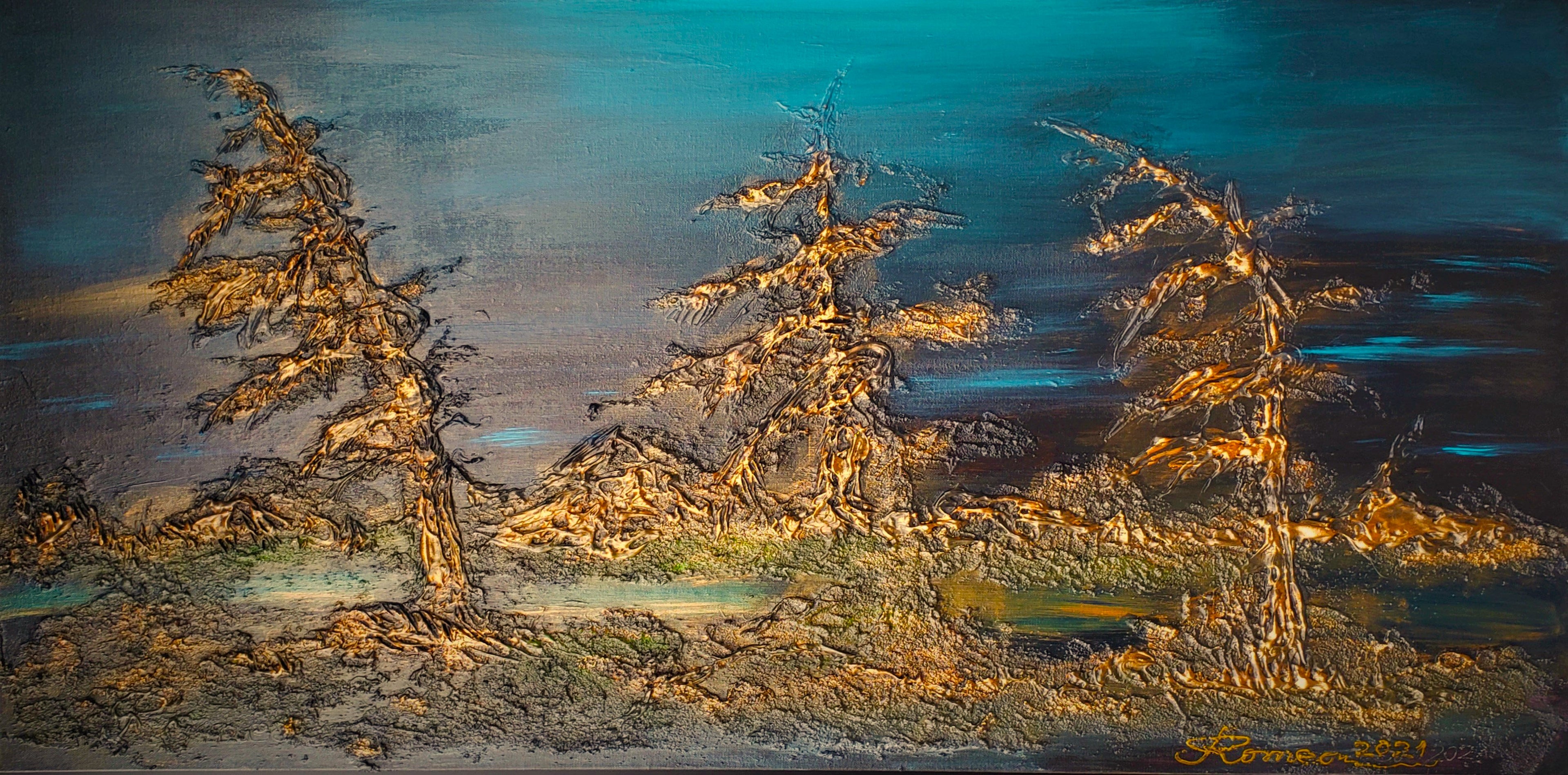 Canadian Subarctic Night, Acrylic, Sculpture, mixed media on canvas, 24x48 inch, SKU 1004