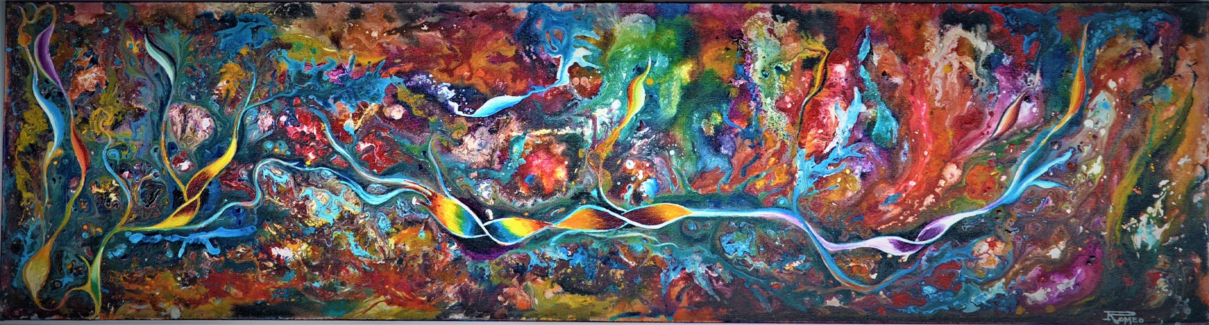 Inside of human cell, DNA, acrylic on canvas, 16x60x1.5 inch, SKU 1041