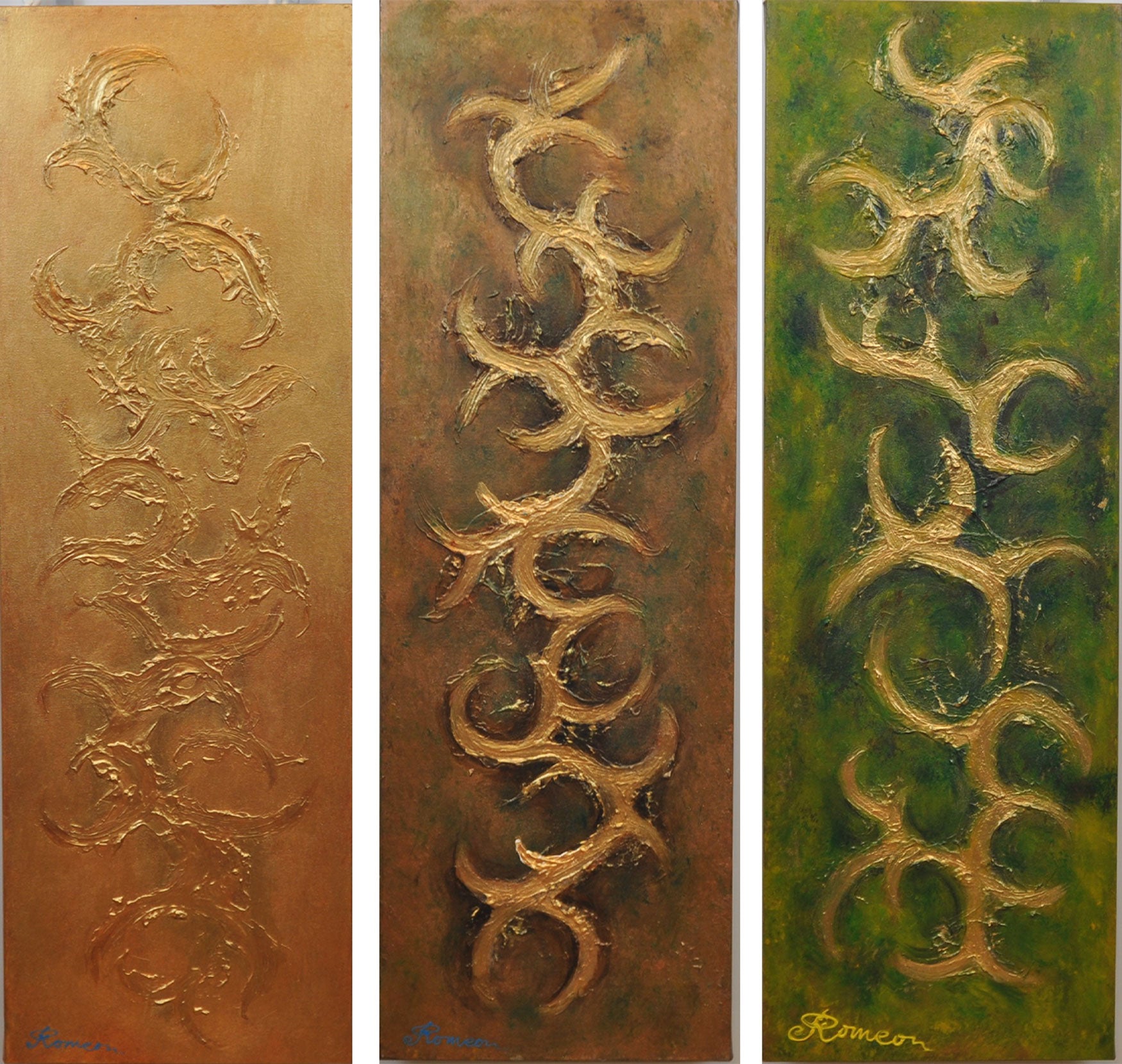 Gold, cooper, emerald, 3D, Mixed Media on canvas, 3x12x36-inch, SKU-1098