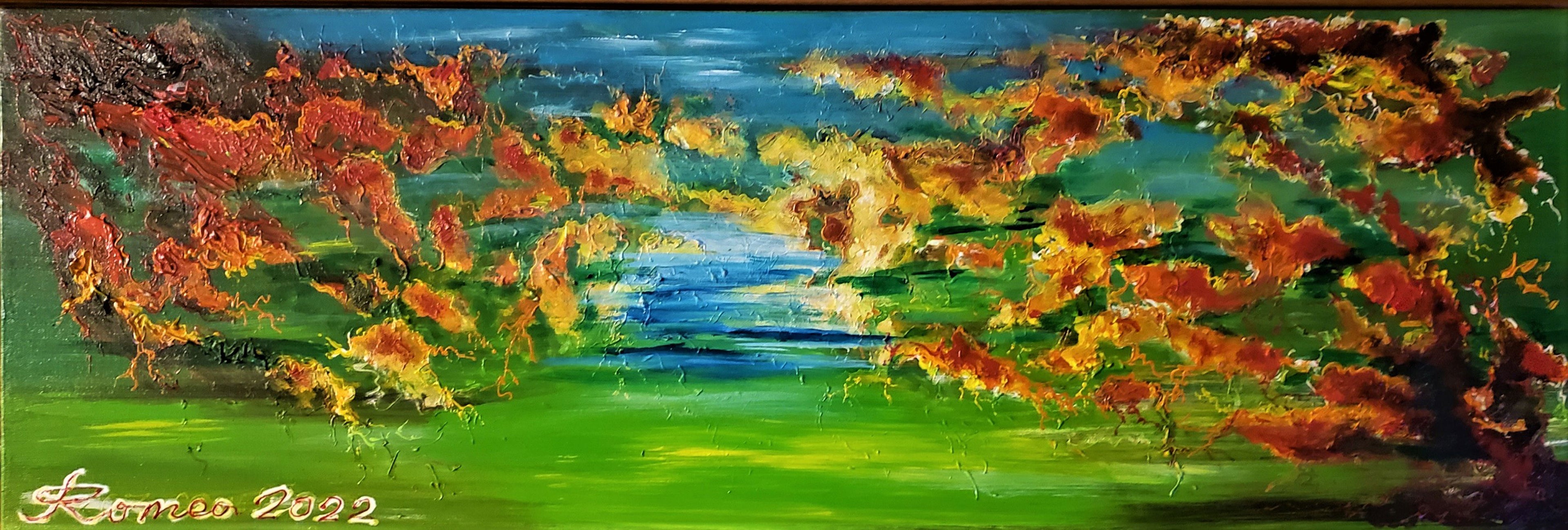 Golden autumn, mixed media, acrylic on canvas, 12x36 inch, 30.5x91.5 cm, SKU 1193