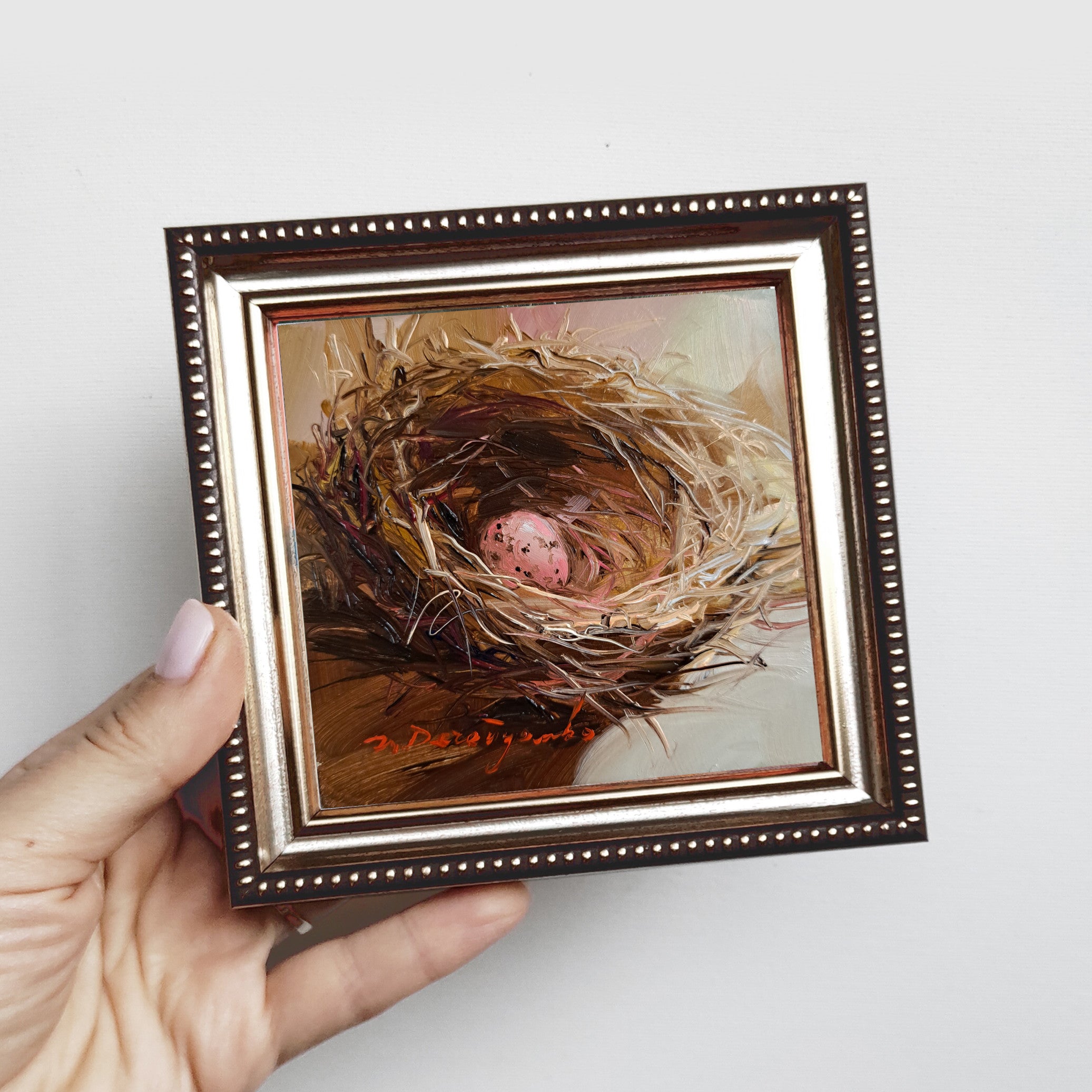 Nest oil painting original 4x4 in frame, Pale pink egg unique miniature oil painting wall art framed, Small framed art Valentines day gift