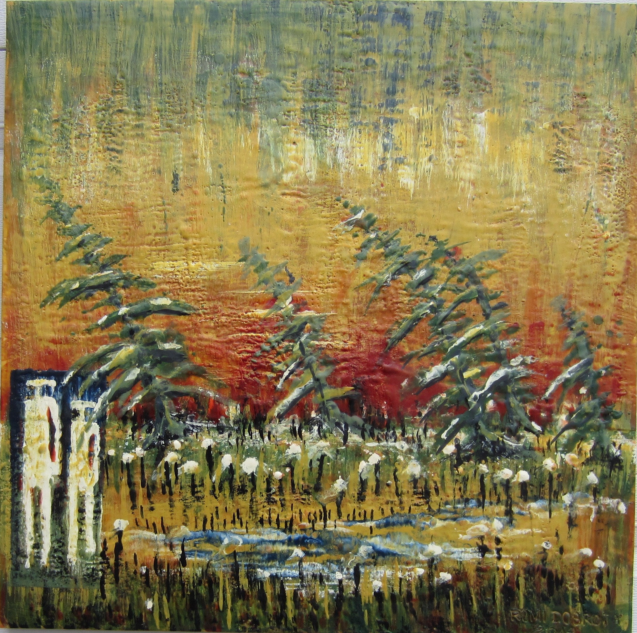 Landscape, Me, you and the fall, Muskoka Lake, ontario, Landscape, organic bees-wax on plywood, 30X30 inch, (76x76 cm) SKU 2012