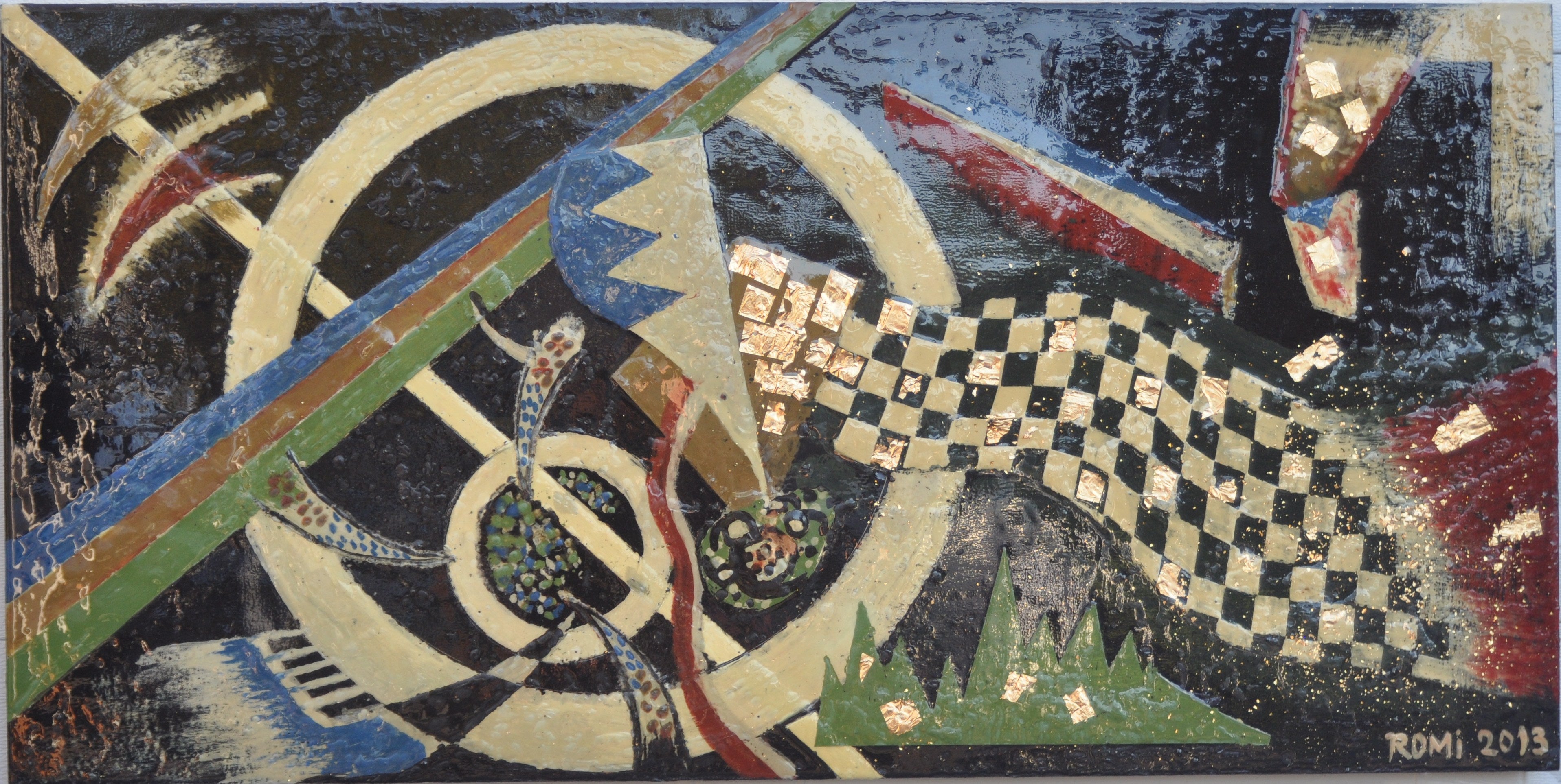 Nativity of Human beings, organic bees-wax on plywood, and gold leaf, 24HX48LX1 inch, SKU 2021