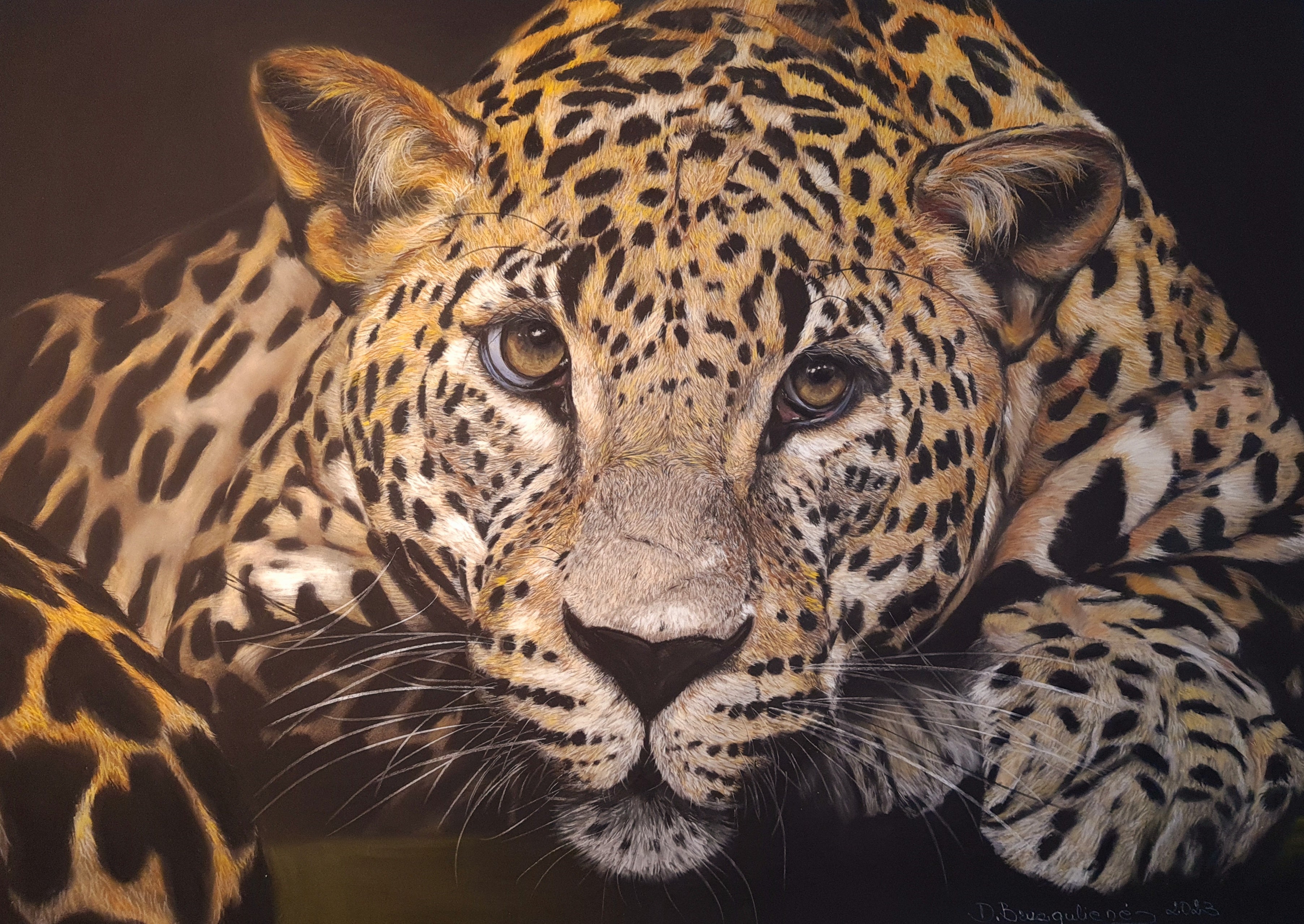 Leopard jus waiting - Original Large Pastel Painting Wall Decor Portrait ART SIGNED Deimante Bruzguliene