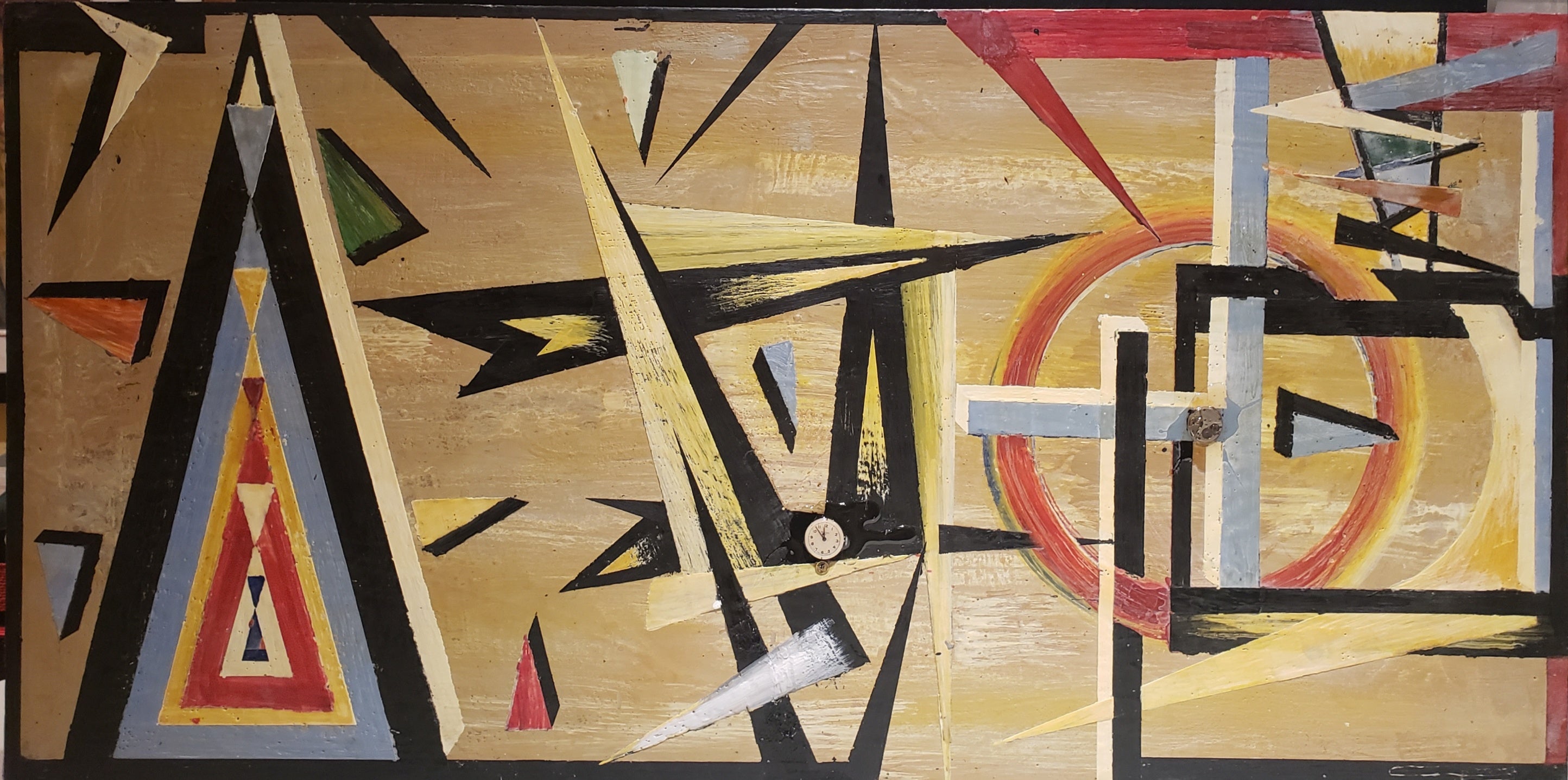 Cubic, Space and time,  organic bees-wax on plywood, with watch, 24X48X1 inch, SKU 2025