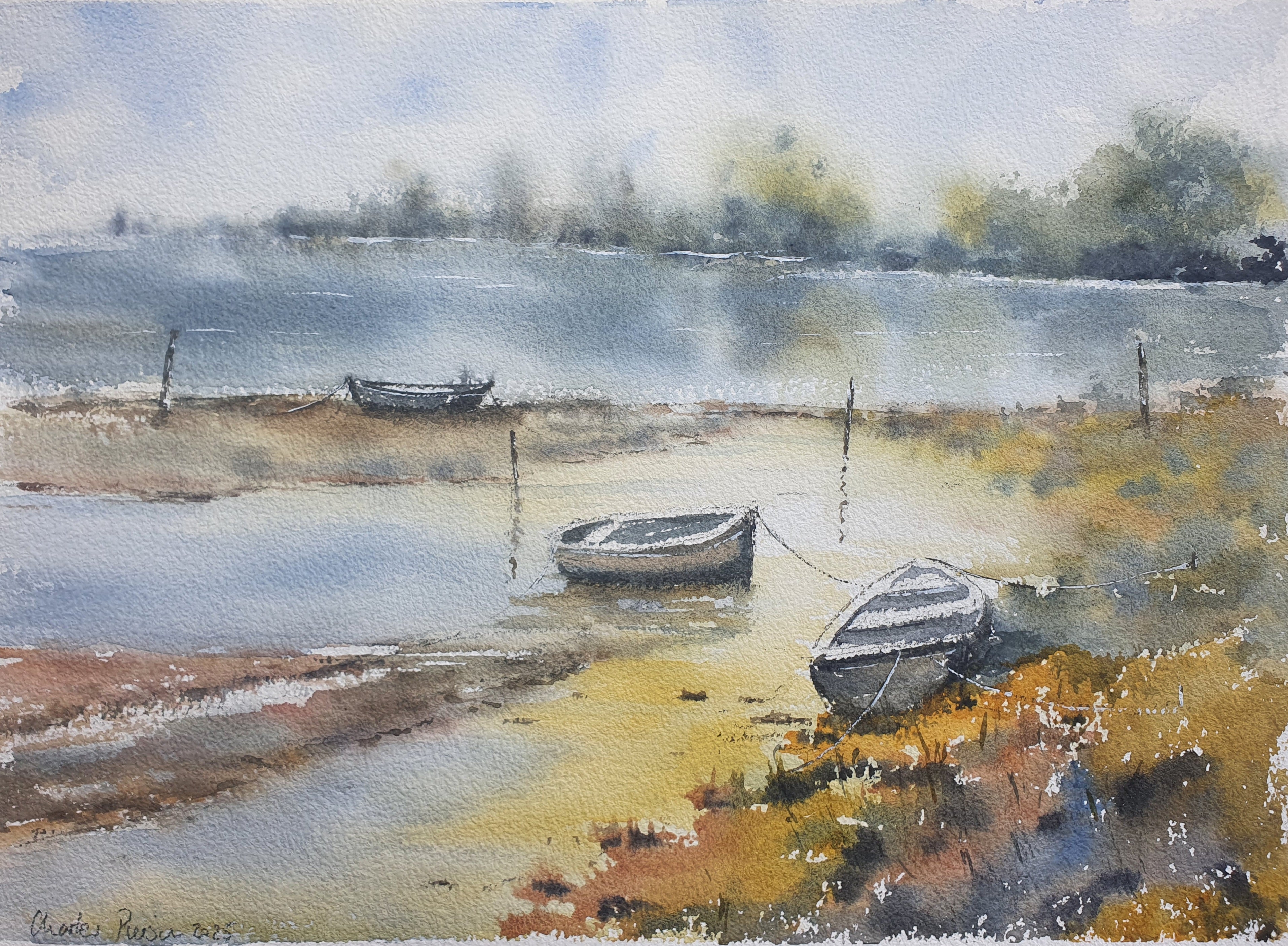 Boats Waiting at Low Tide. Original Signed Watercolour. 15x11 inches , Unframed