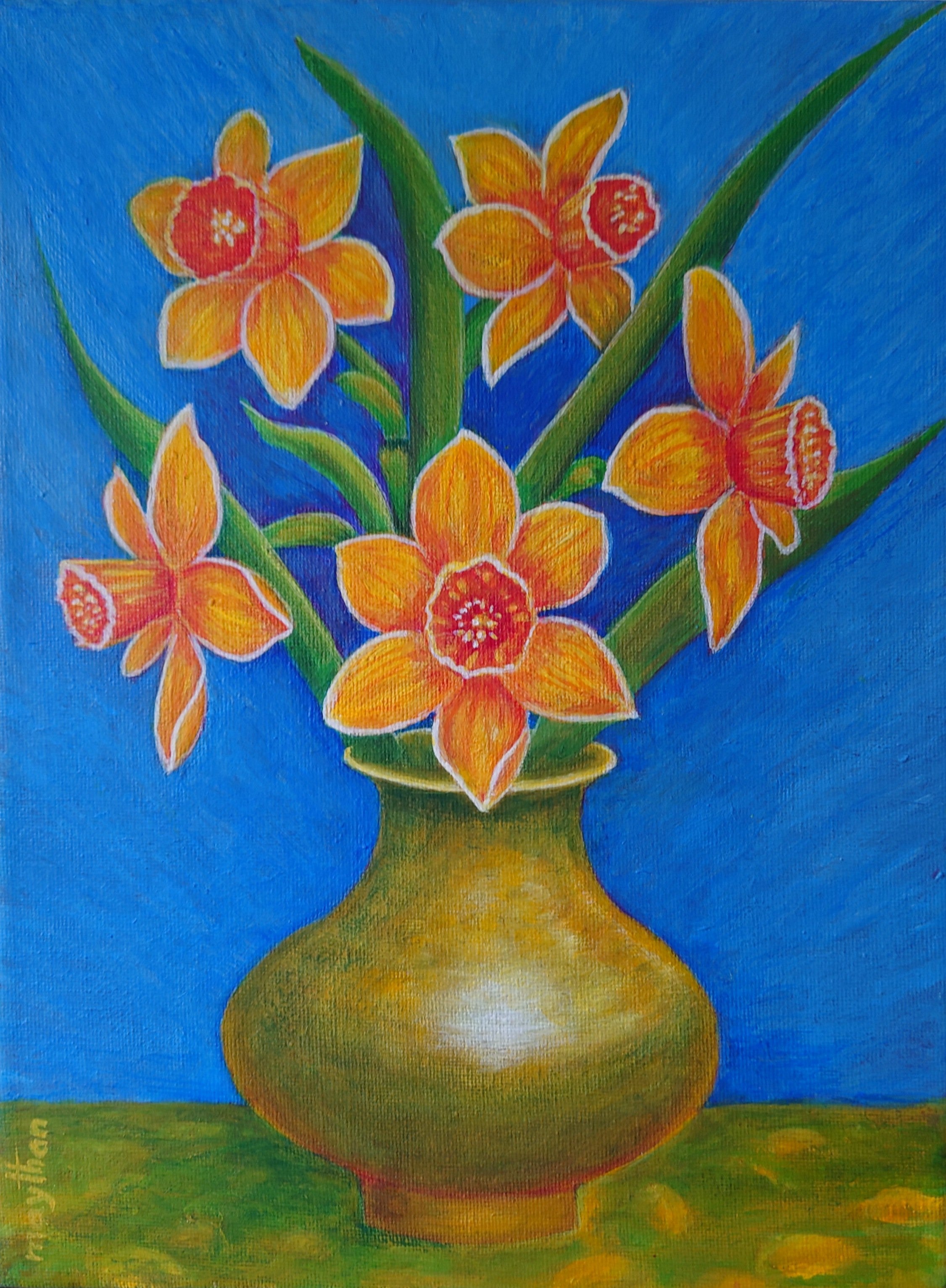 Daffodils in a copper vase