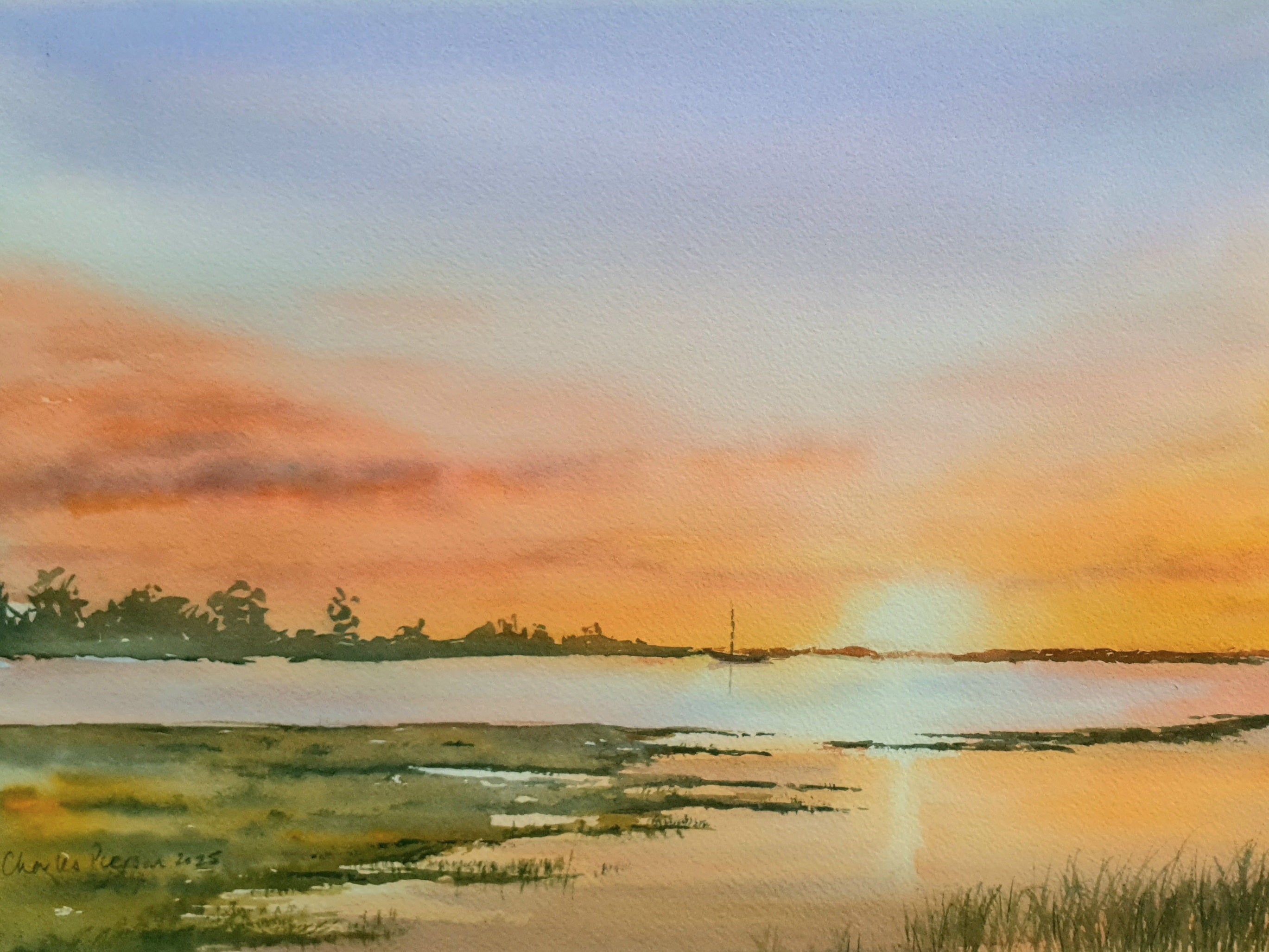 Warm Sunset over Still Water. Original Signed Watercolour. 15x11 inches