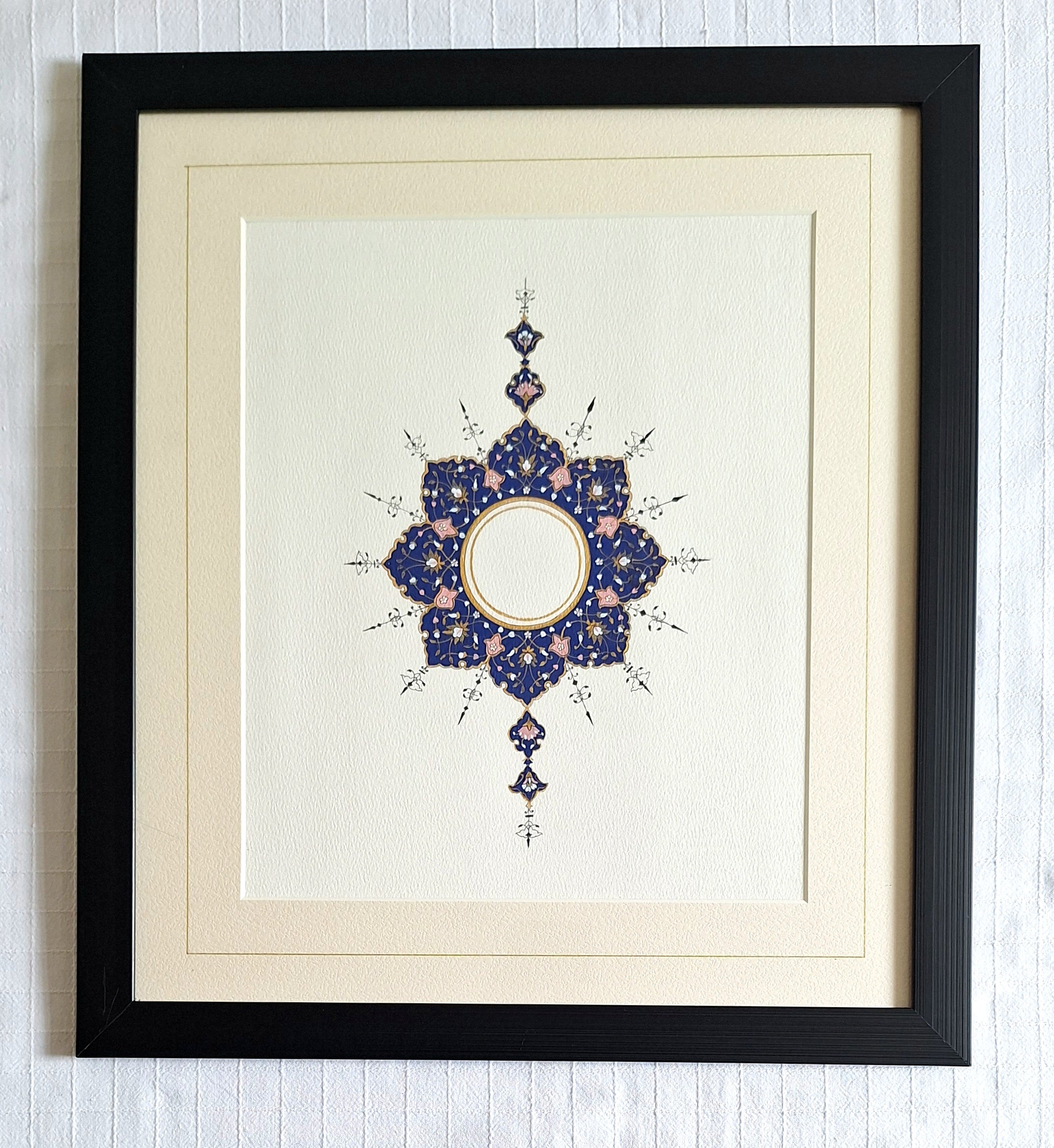 Navy & Blush Gold Symmetrical Framed Art — Ornamental Medallion Wall Decor