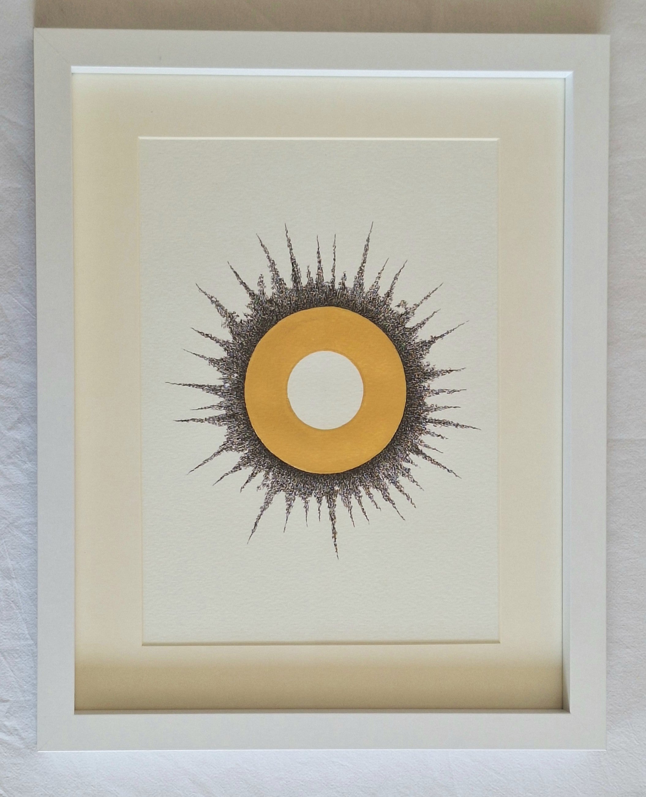 Gold Halo with Text Texture – Minimalist Conceptual Wall Art, Gold Leaf Circle, Contemporary Ink Drawing