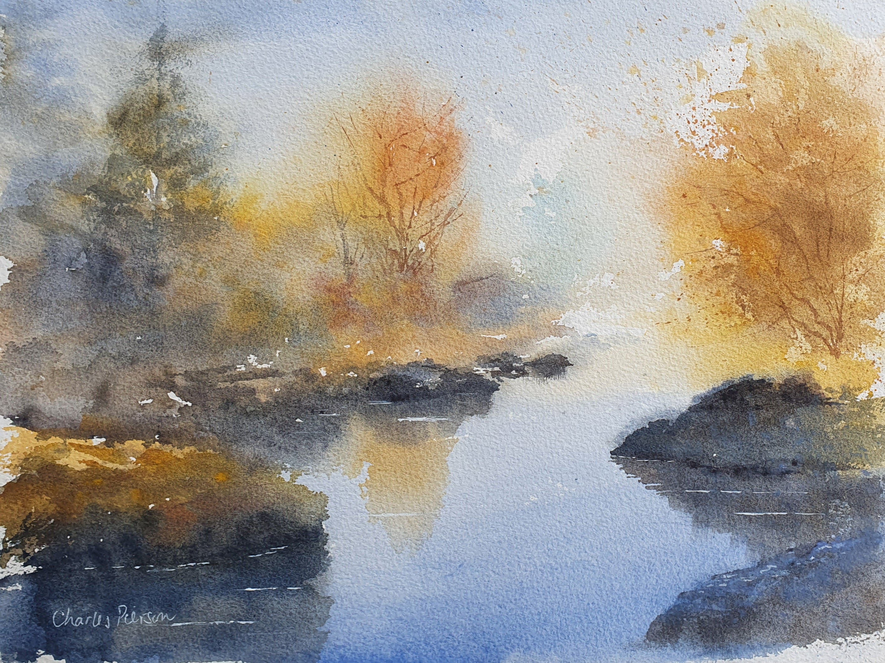 Autumn River Reflections. Original Signed Watercolour. 15x11 inches