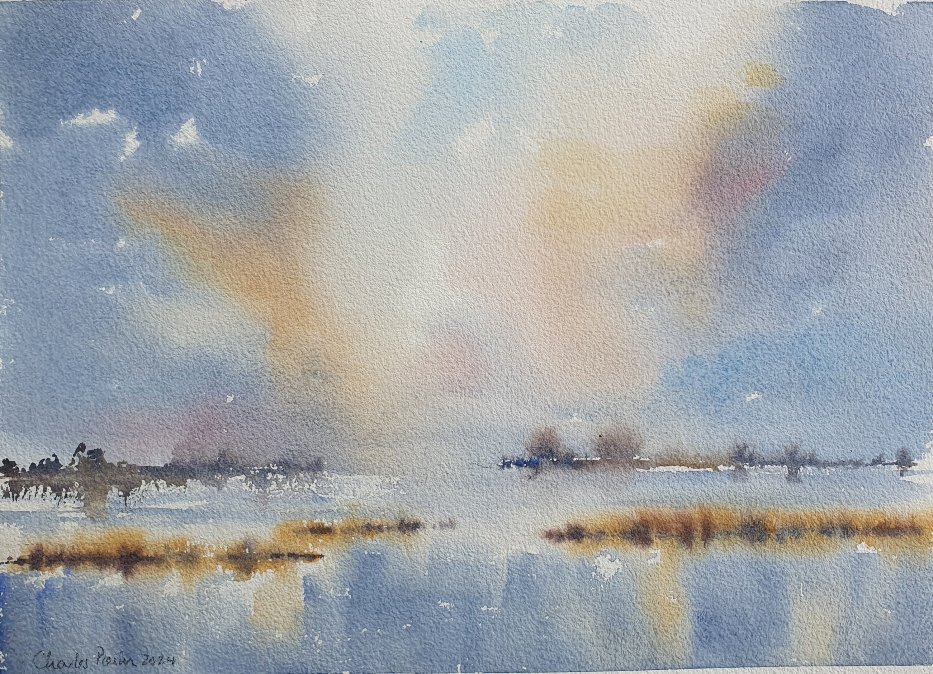 Marsh and Evening Sky. Original Signed Watercolour. 15x11 inches . Unframed