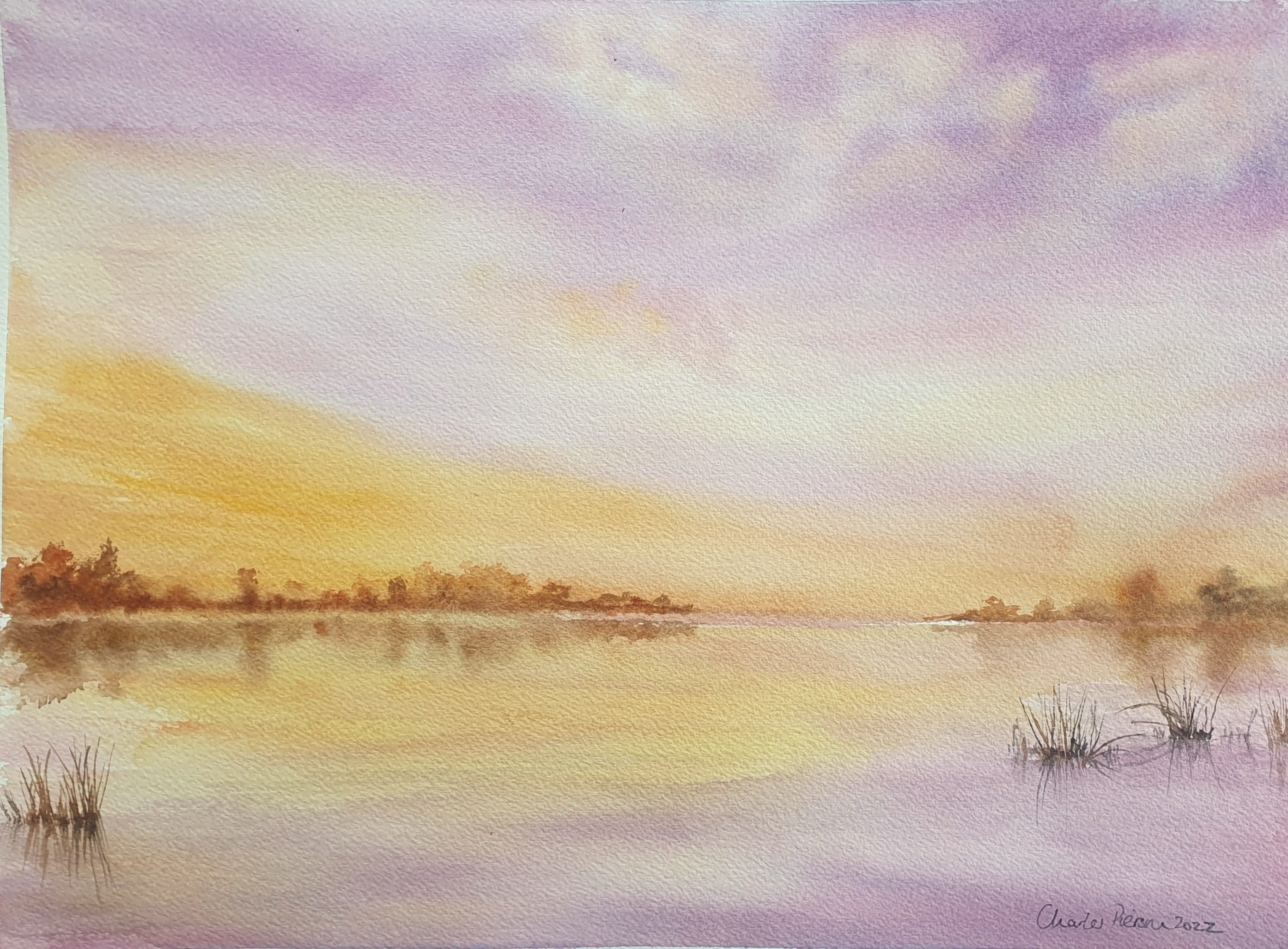 Tranquil Lake at Sunset. Original Signed Watercolour