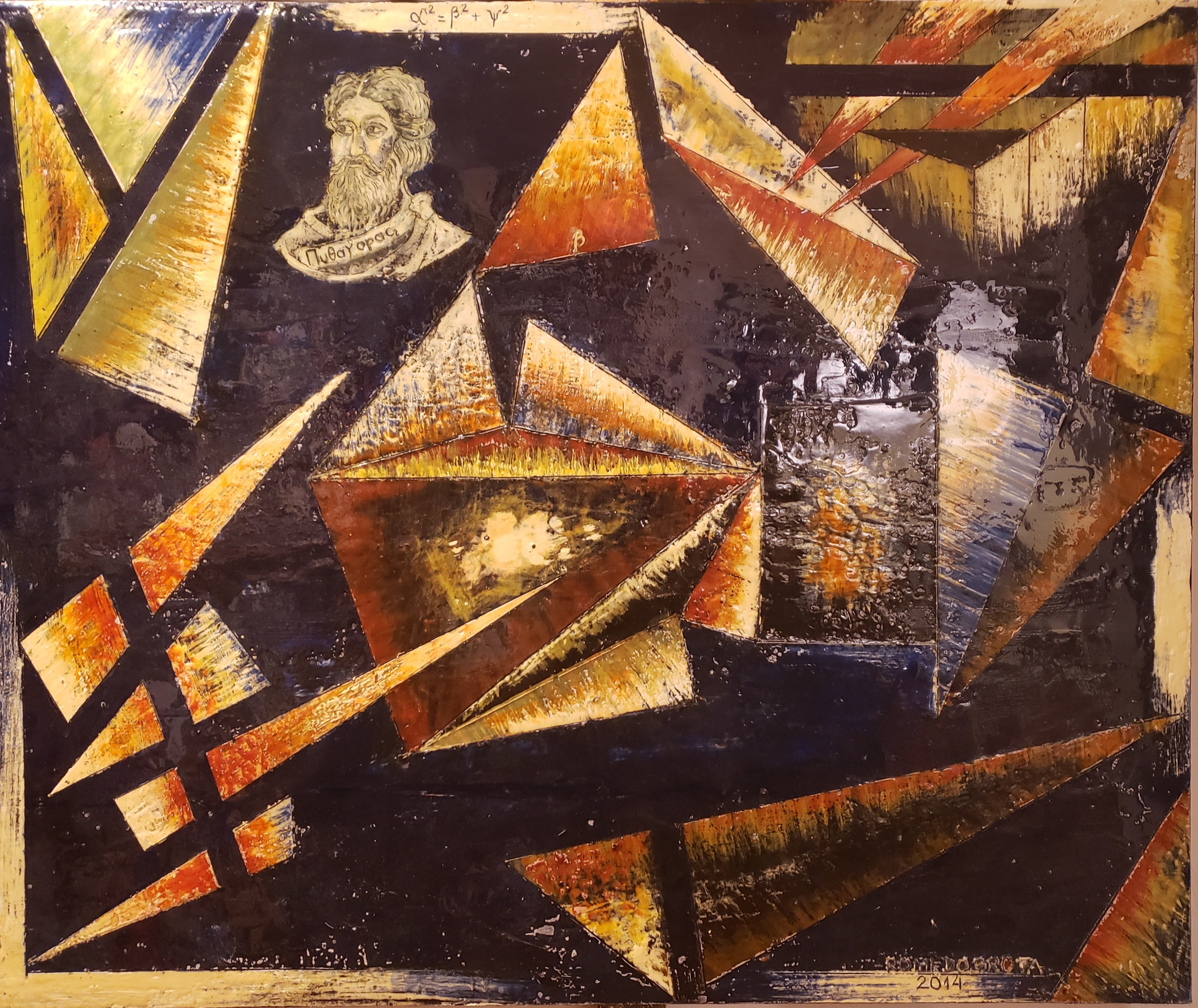 Pythagoras, organic bees-wax on plywood, 30x36 inch, SKU 2028