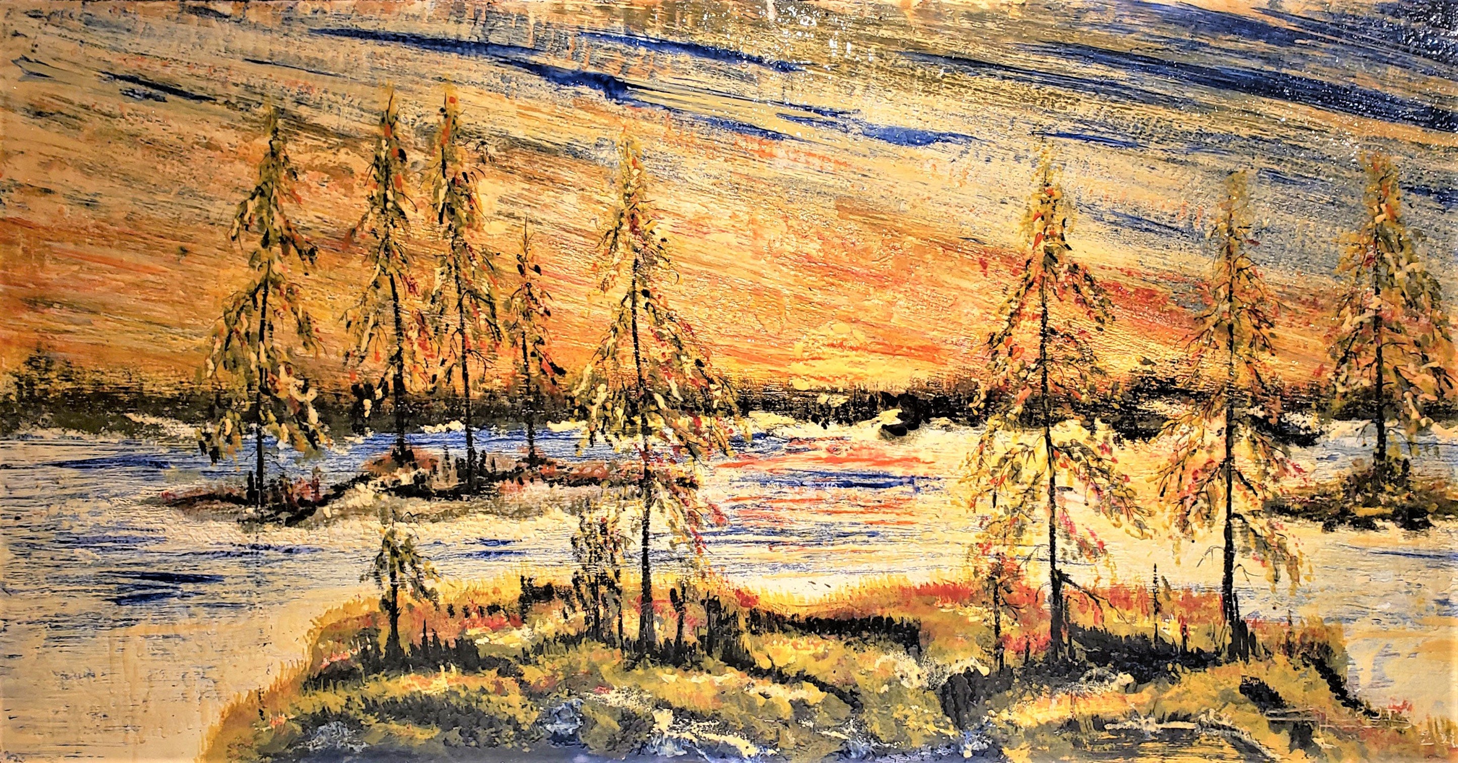 Landscape, Elephant Lake, Ontario,  organic beeswax on the playwood, 24x48 inch, 61x122 cm, SKU 2037
