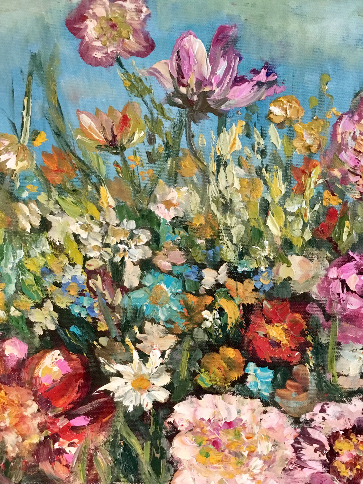 Colourful wild flowers landscape oil painting