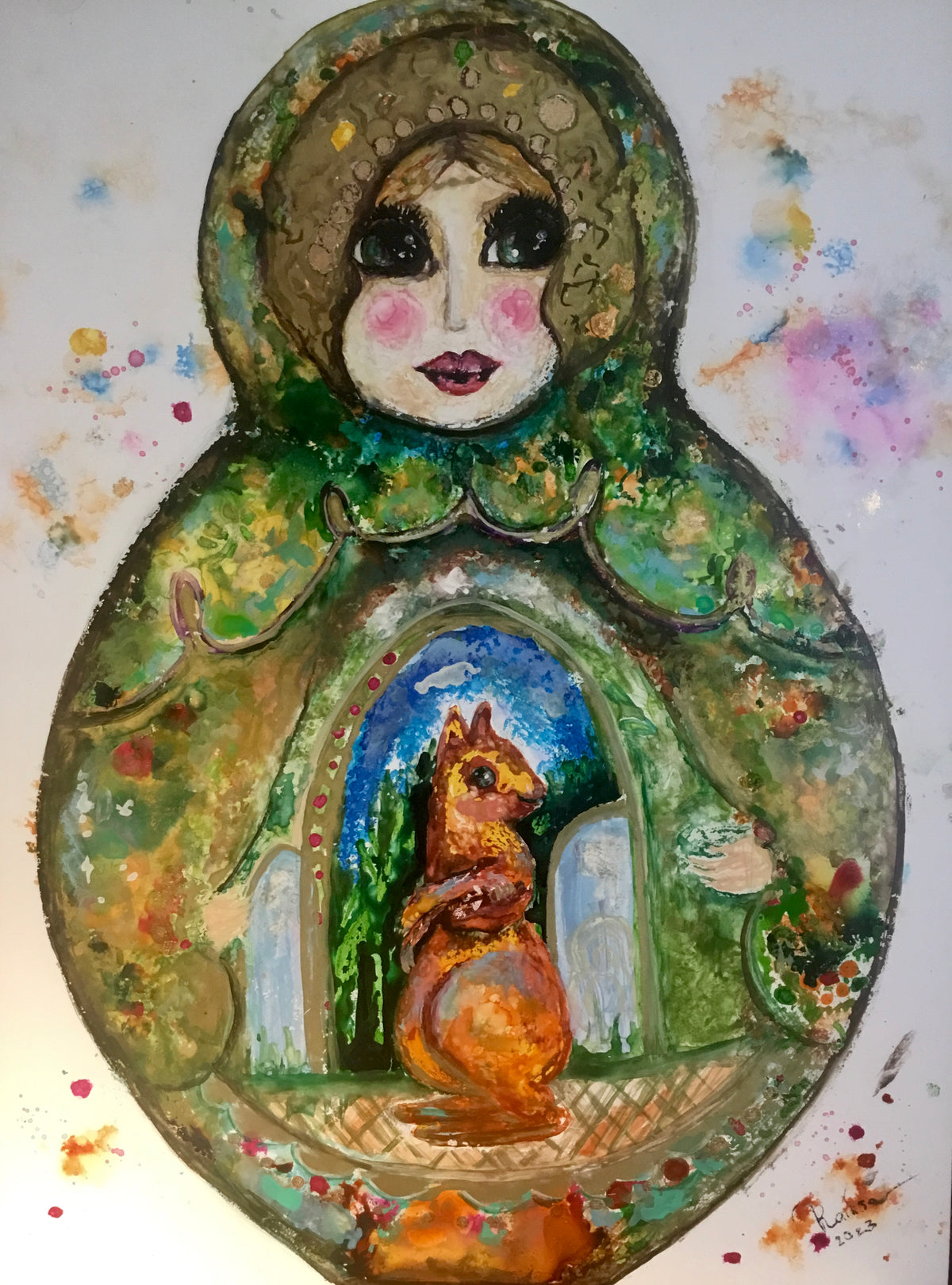 Russian fairytale doll mix media artwork