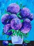 BOUQUET OF PURPLE HYDRANGEA ON TURQUOISE IN A WHITE VASE PALETTE KNIFE ORIGINAL ACRYLIC PAINTING