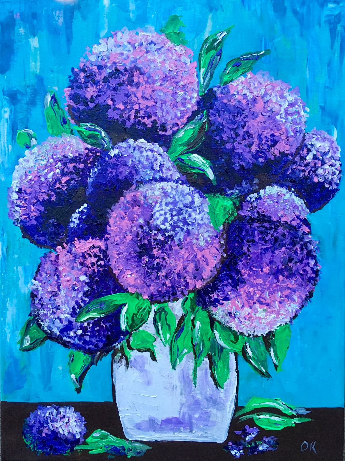 BOUQUET OF PURPLE HYDRANGEA ON TURQUOISE IN A WHITE VASE PALETTE KNIFE ORIGINAL ACRYLIC PAINTING