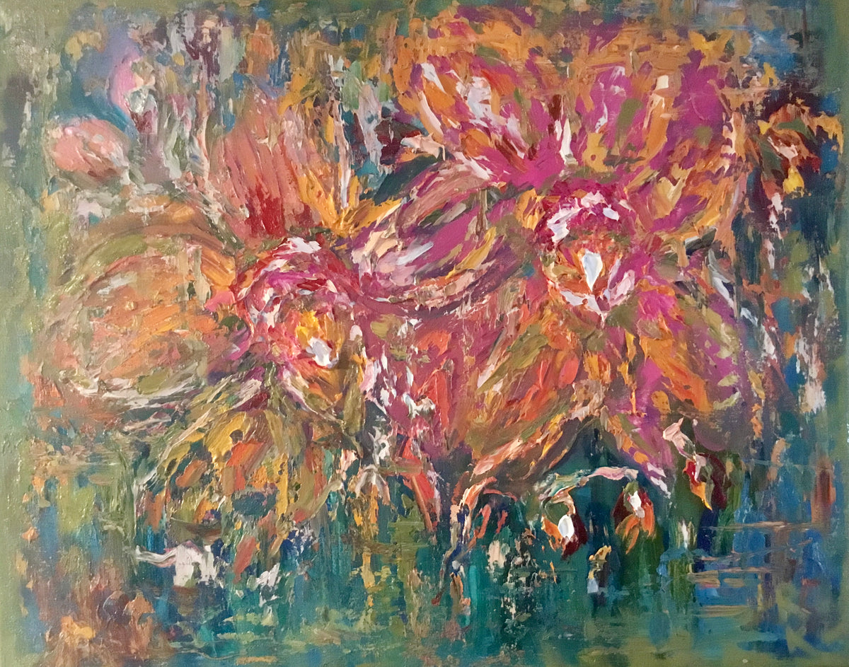 Orange orchids original oil painting on stretched canvas