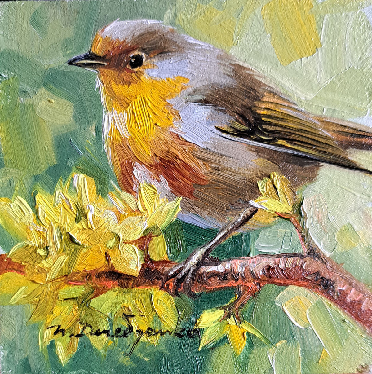 Robin bird oil painting original in gold frame 10x10 cm small art