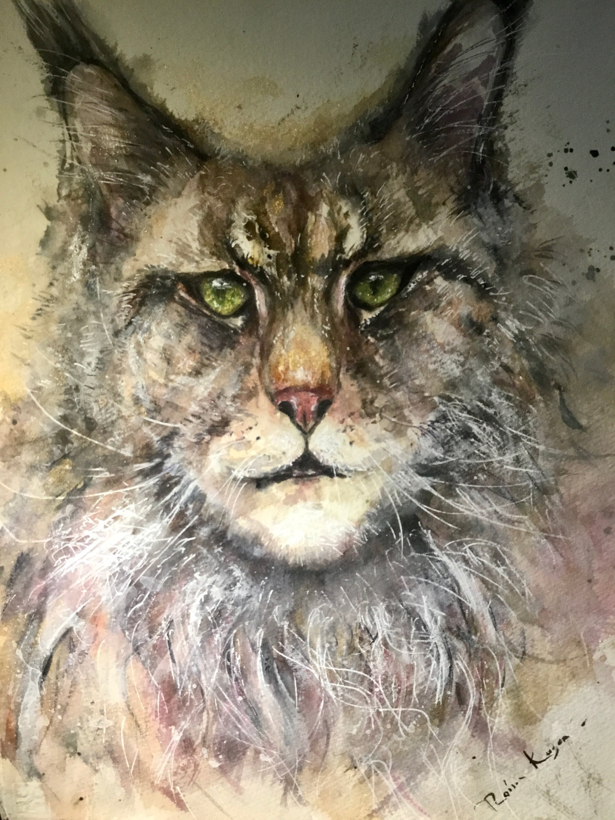 Meine Coon cat original watercolor painting