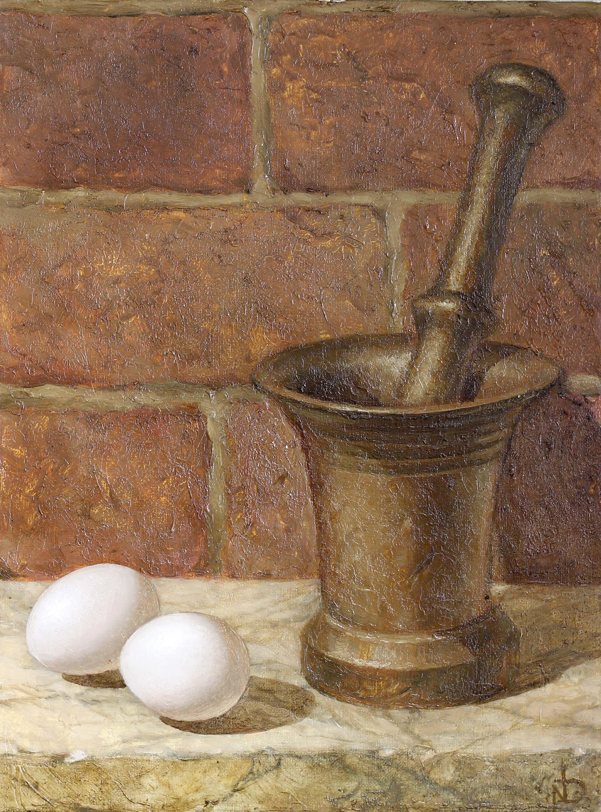 Vintage Mortar and Pestle with Two Eggs