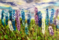 Floral art. Delphiniums in a park. Wild flowers.