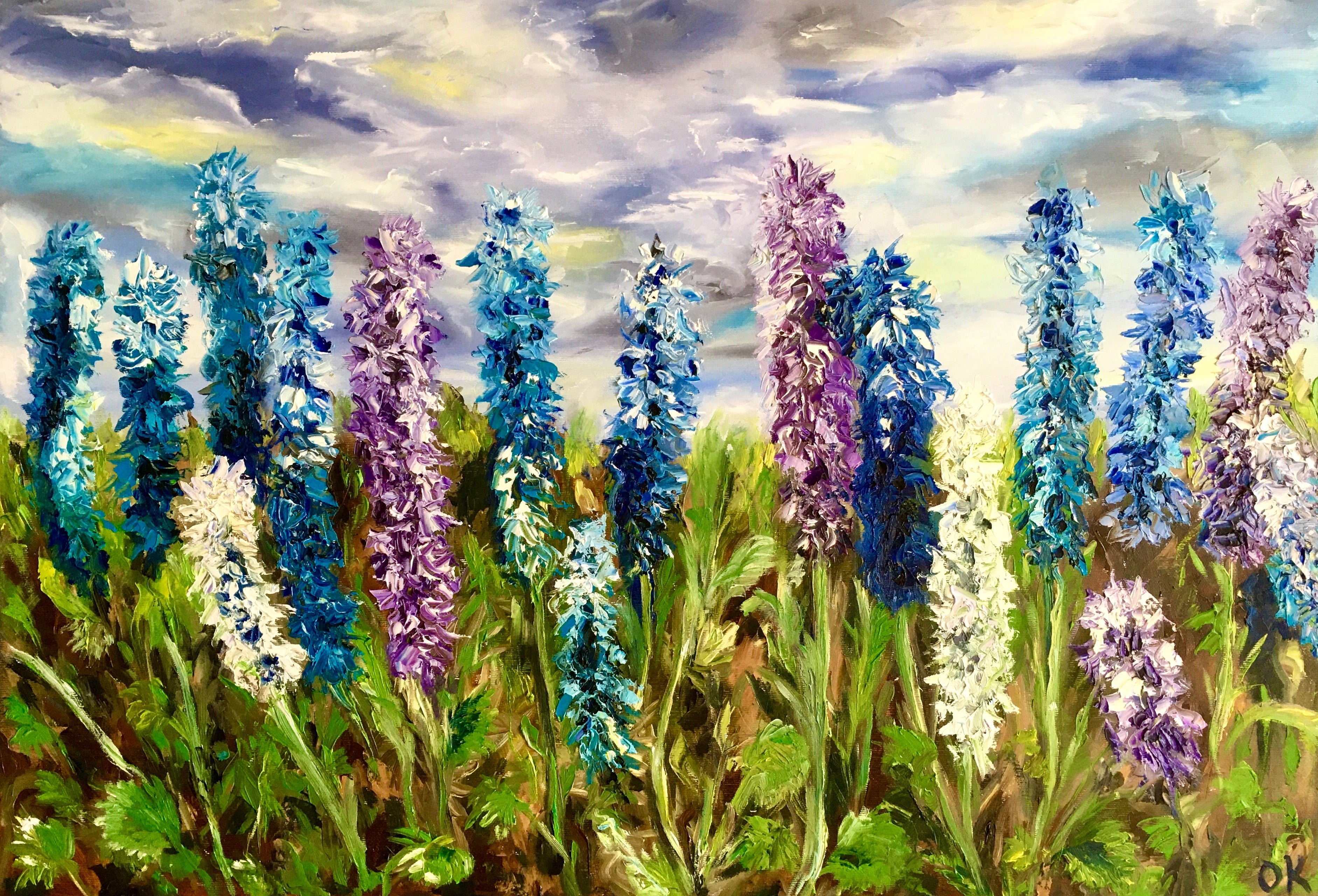 Floral art. Delphiniums in a park. Wild flowers.