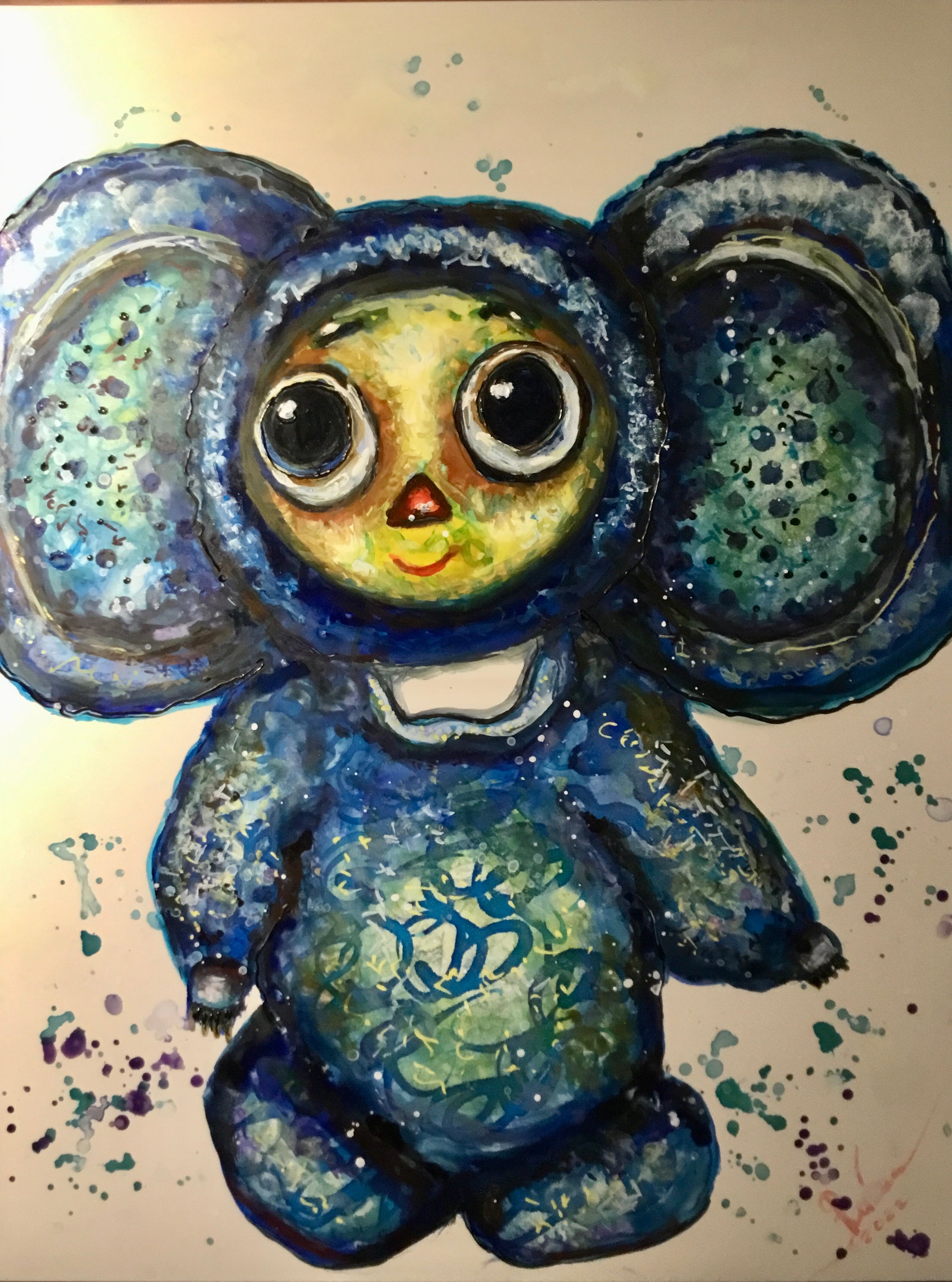 Cheburashka mix media artwork on yupo paper