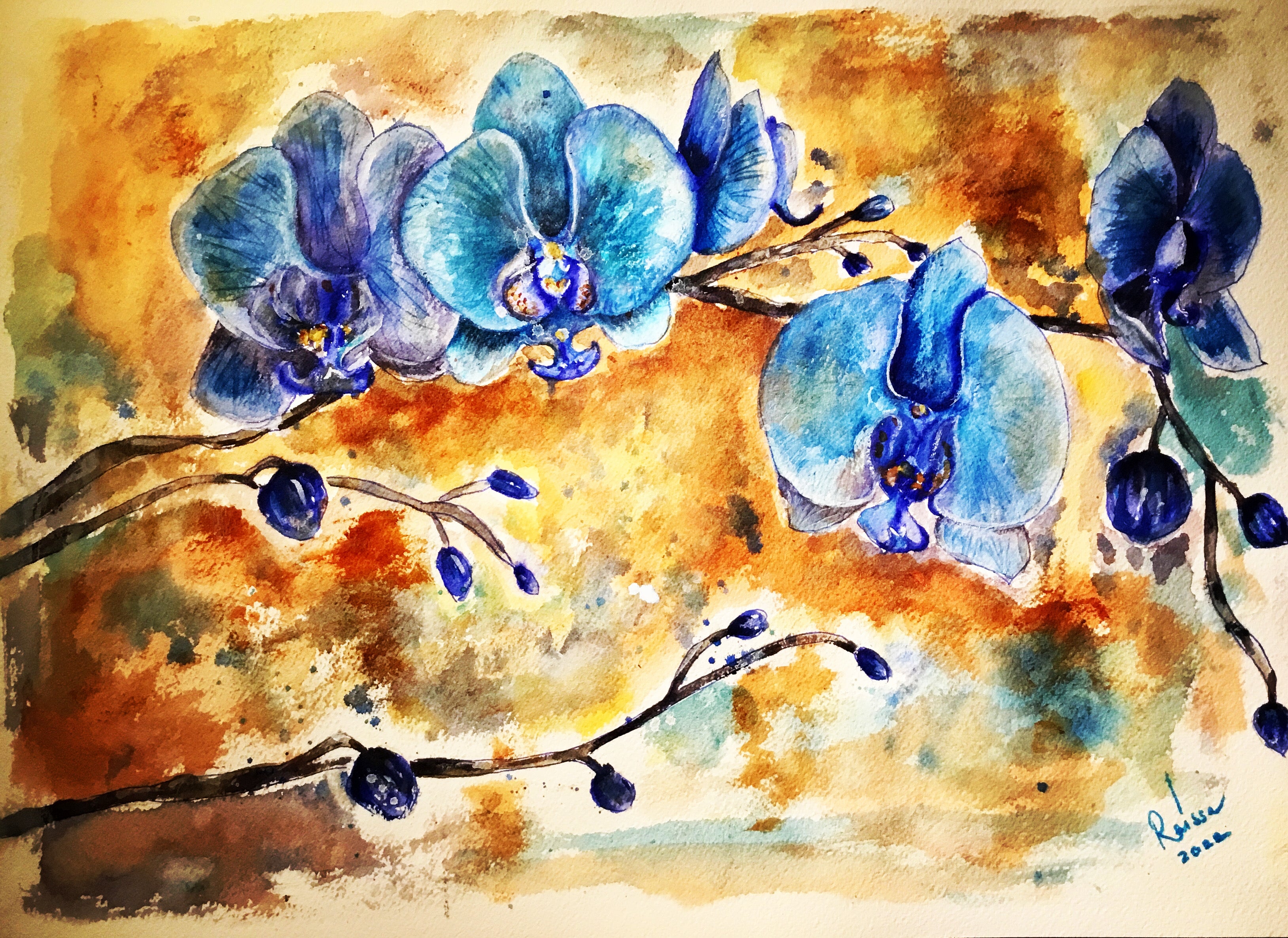 Blue orchids original watercolour painting
