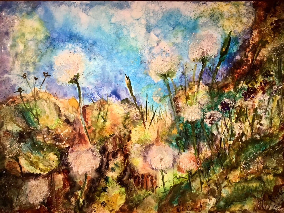 Dandelions fields fantasy mix media artwork on yupo paper