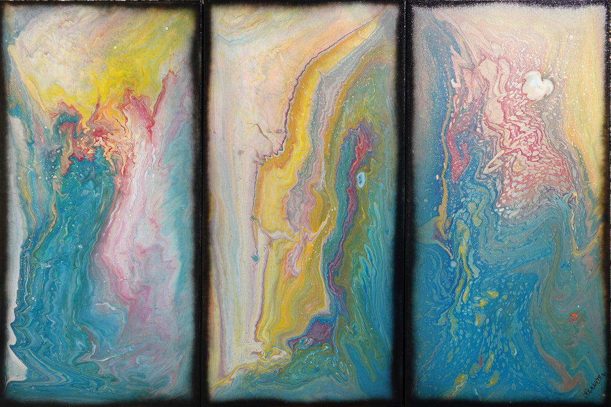 large triptych pouring paintings "Abstract A1118"