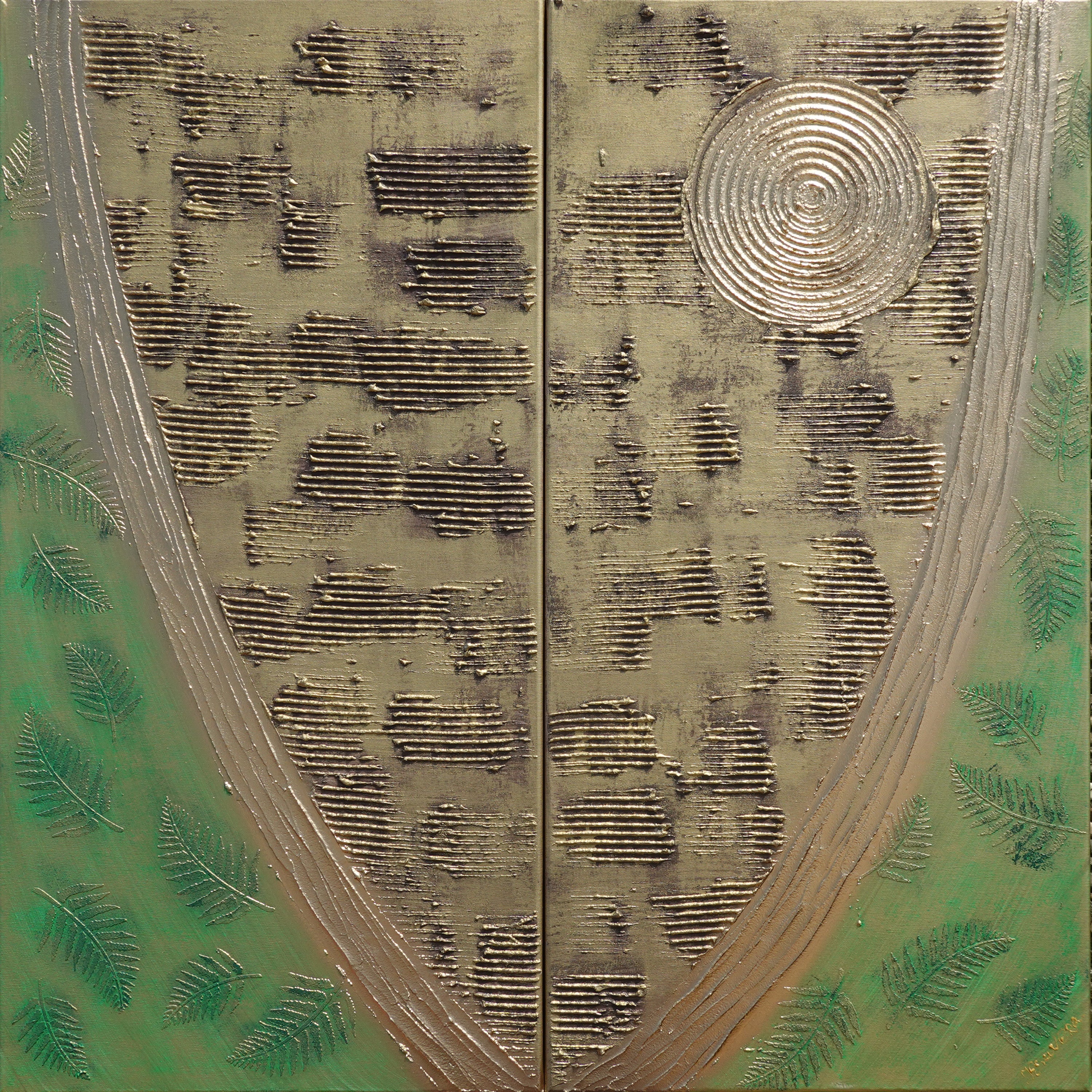 Gold green Abstract diptych A947