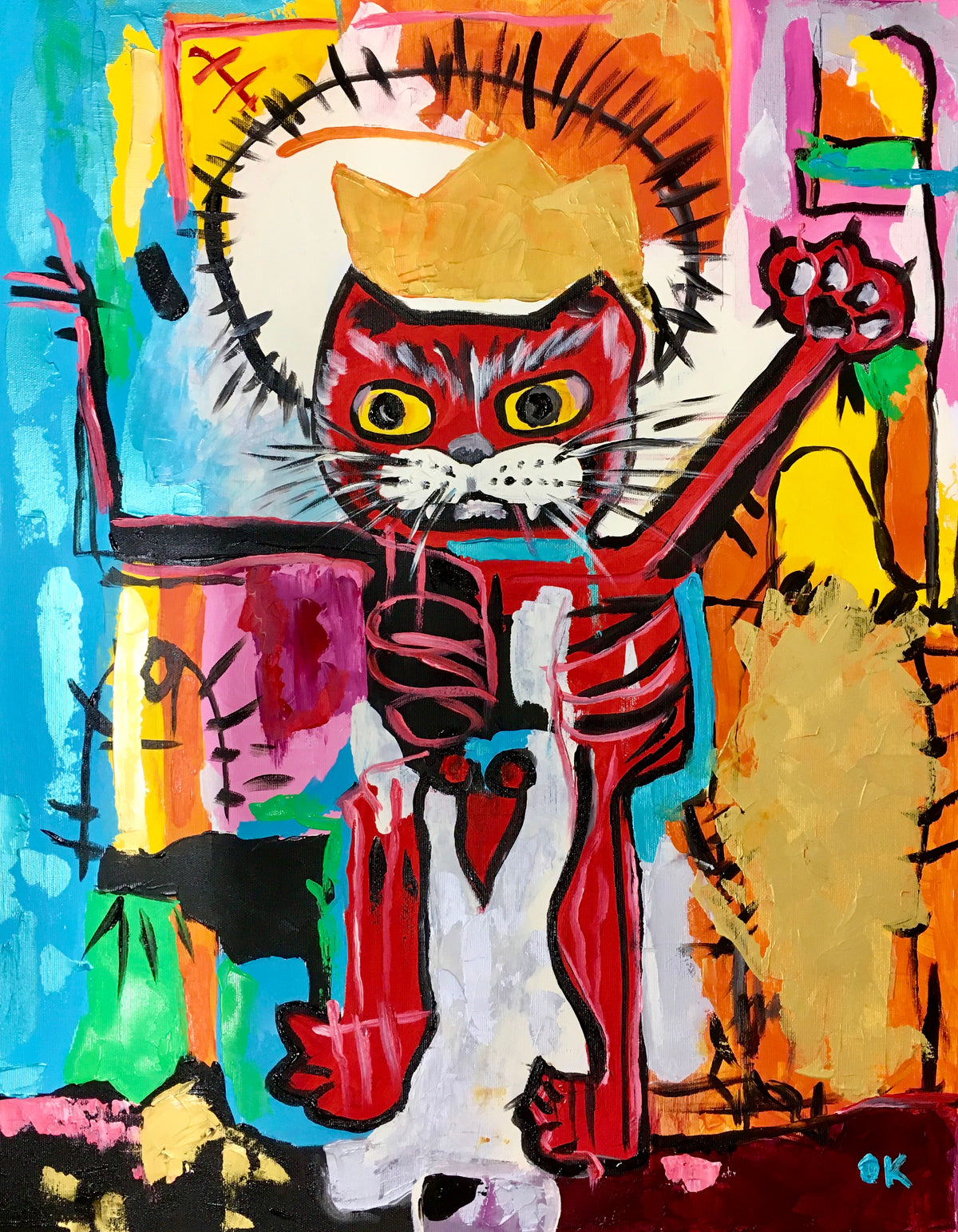 UNTITLED RED KING CAT VERSION OF FAMOUS PAINTING BY JEAN-MICHEL BASQUIAT.
