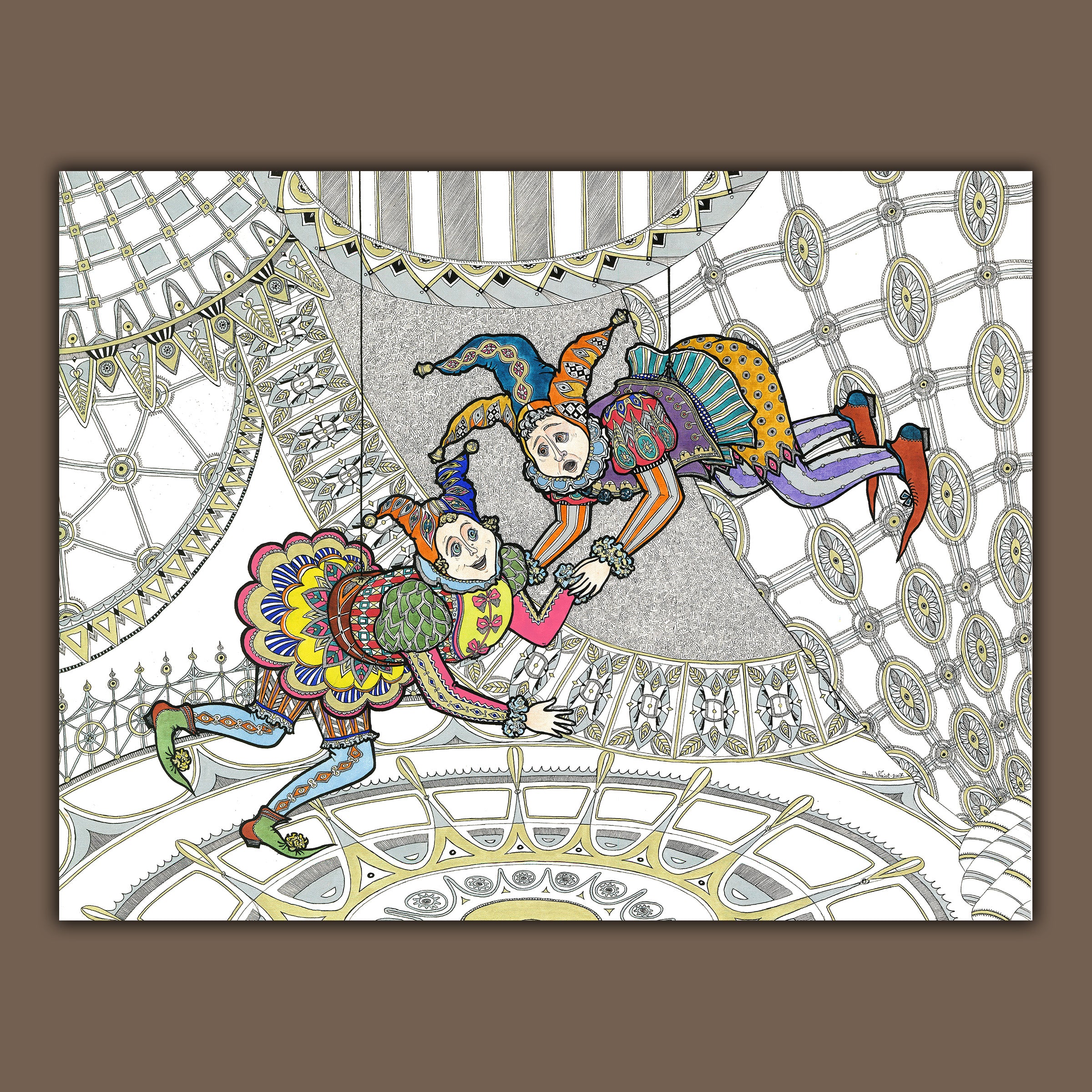 Whimsical Jesters in Colorful Costumes with Intricate Architectural Design