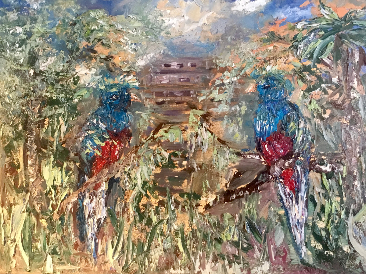 Quetzal birds with mayan pyramid on the background oil painting