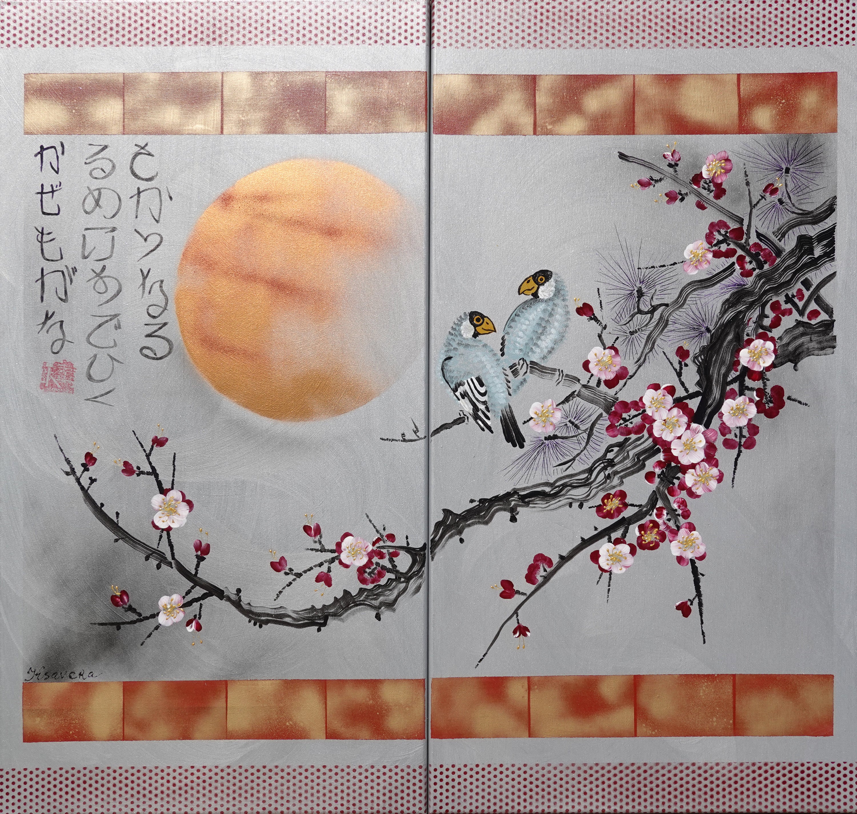 Japanese sakura J305 - Silver diptych