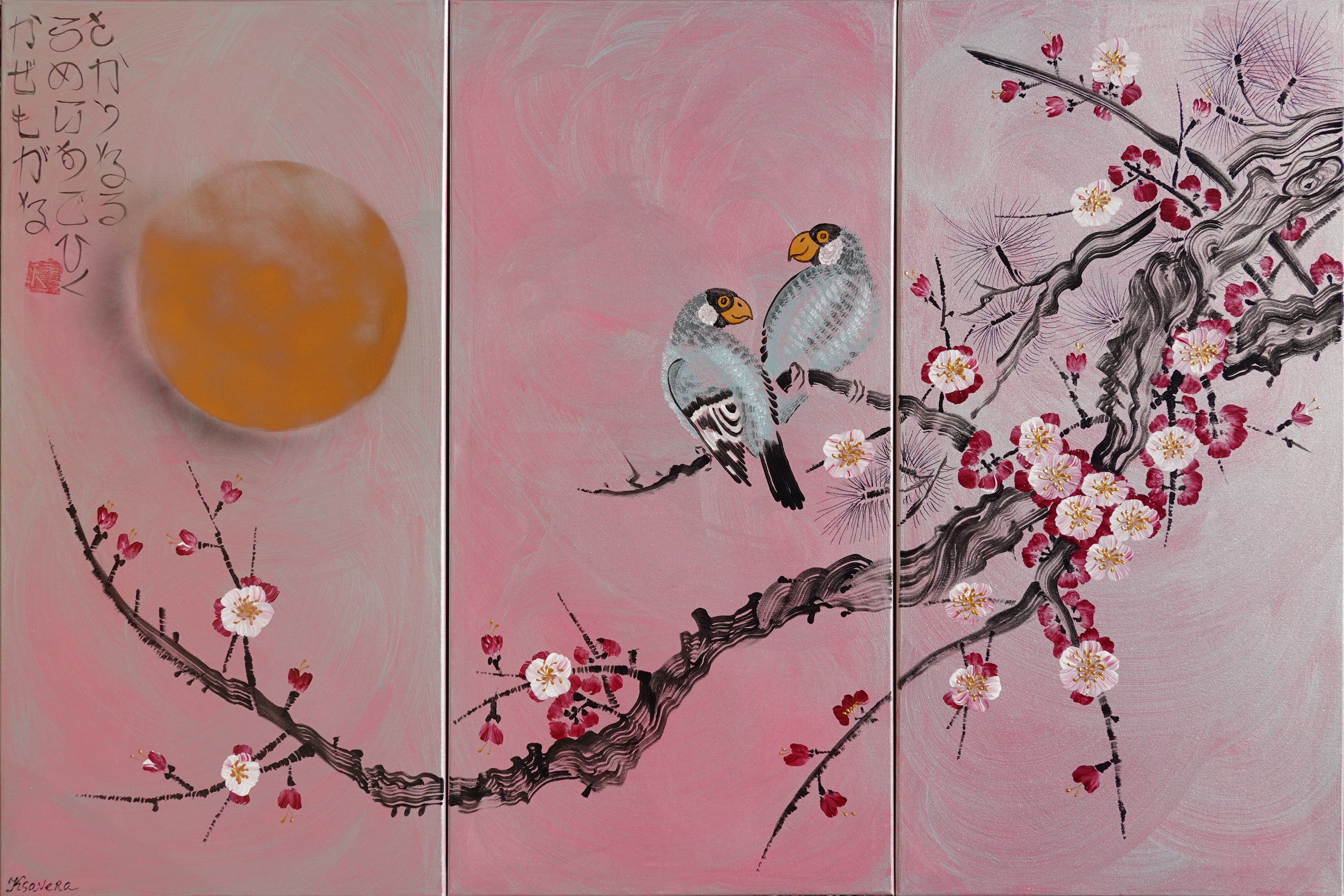 Japanese sakura J320 - silver pink triptych