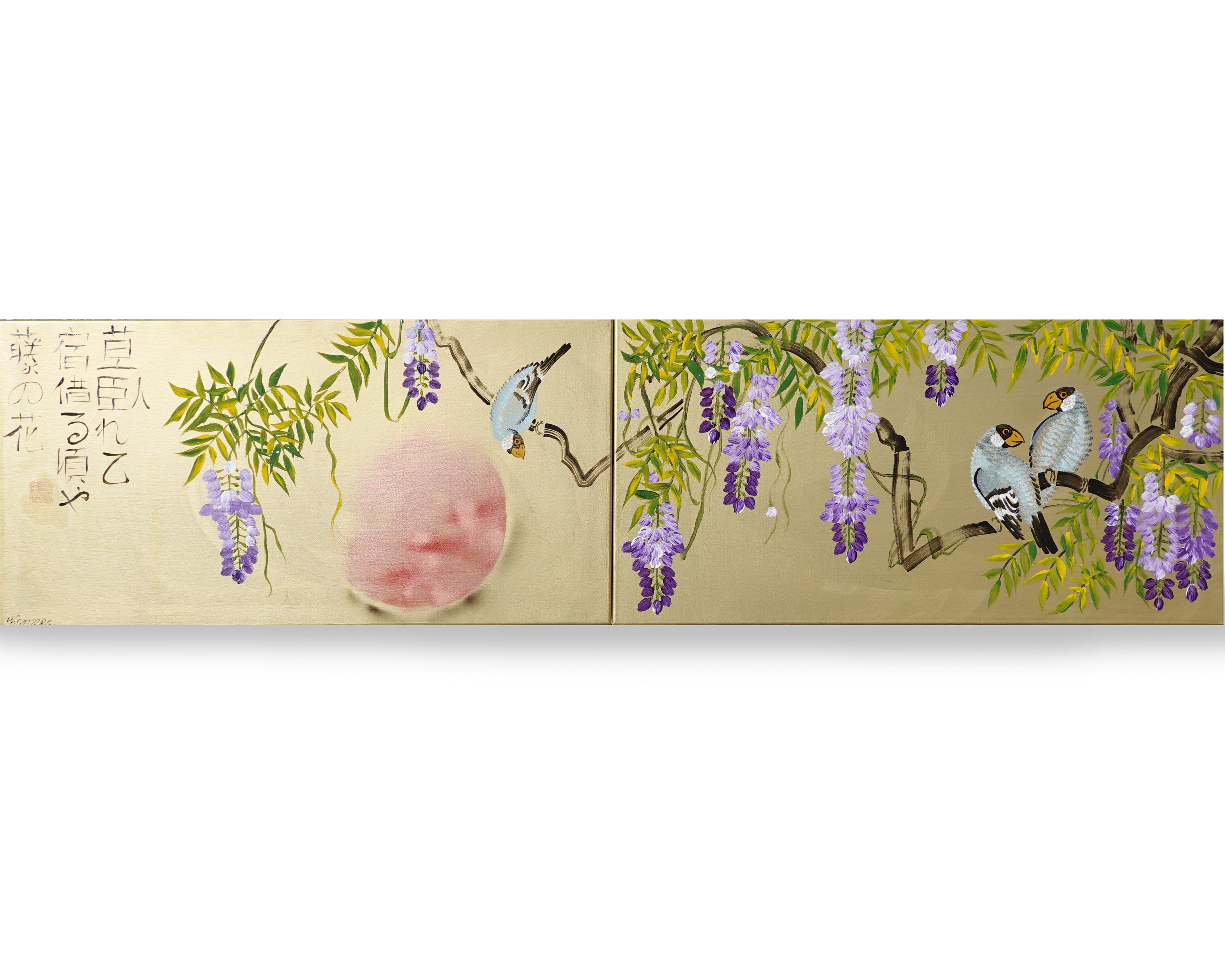 Long gold paintings "Japanese wisteria J353" - diptych