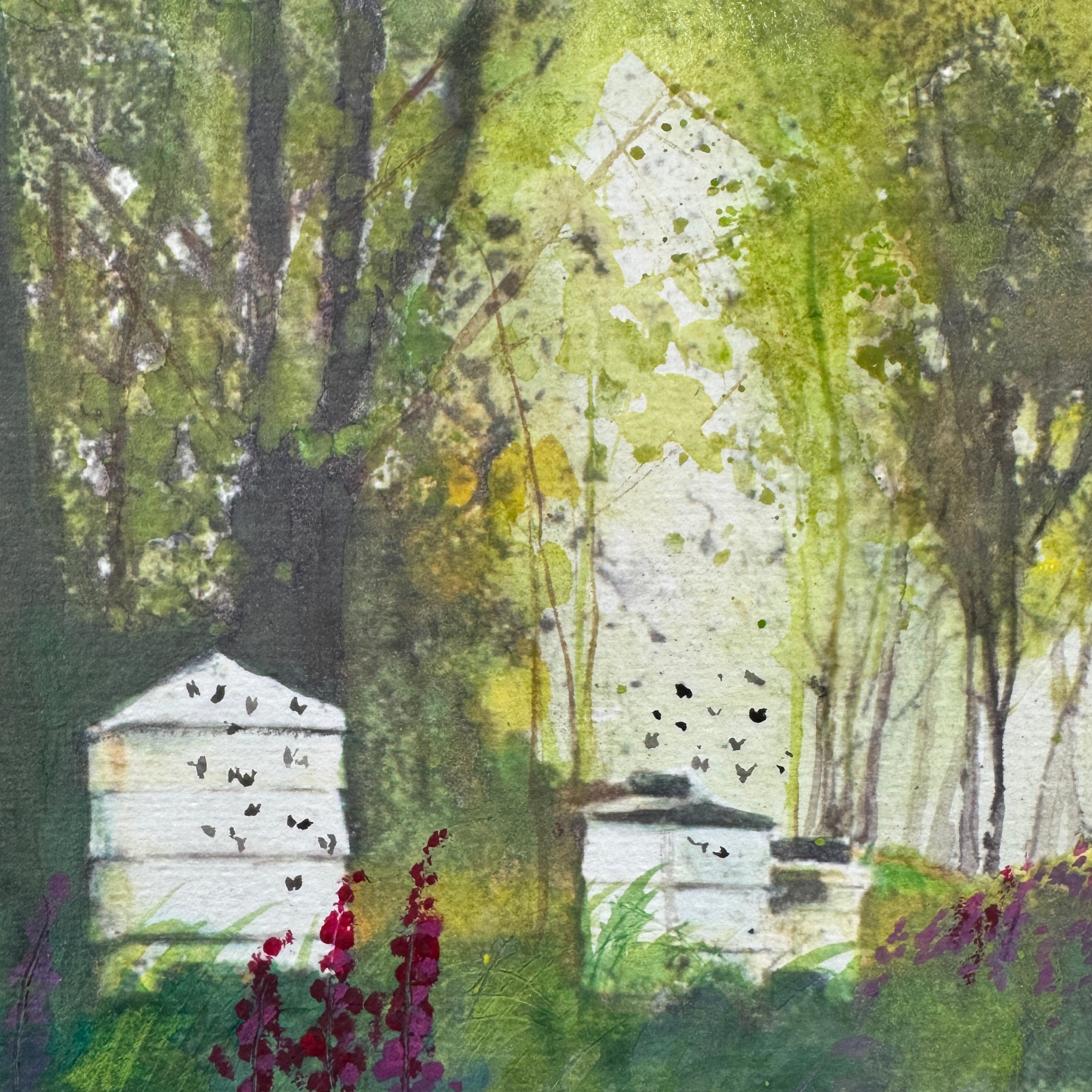 Bees returning to hive, foxgloves framed