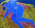 BLUE NUDE SLEEPS ON PATTERNED THROW