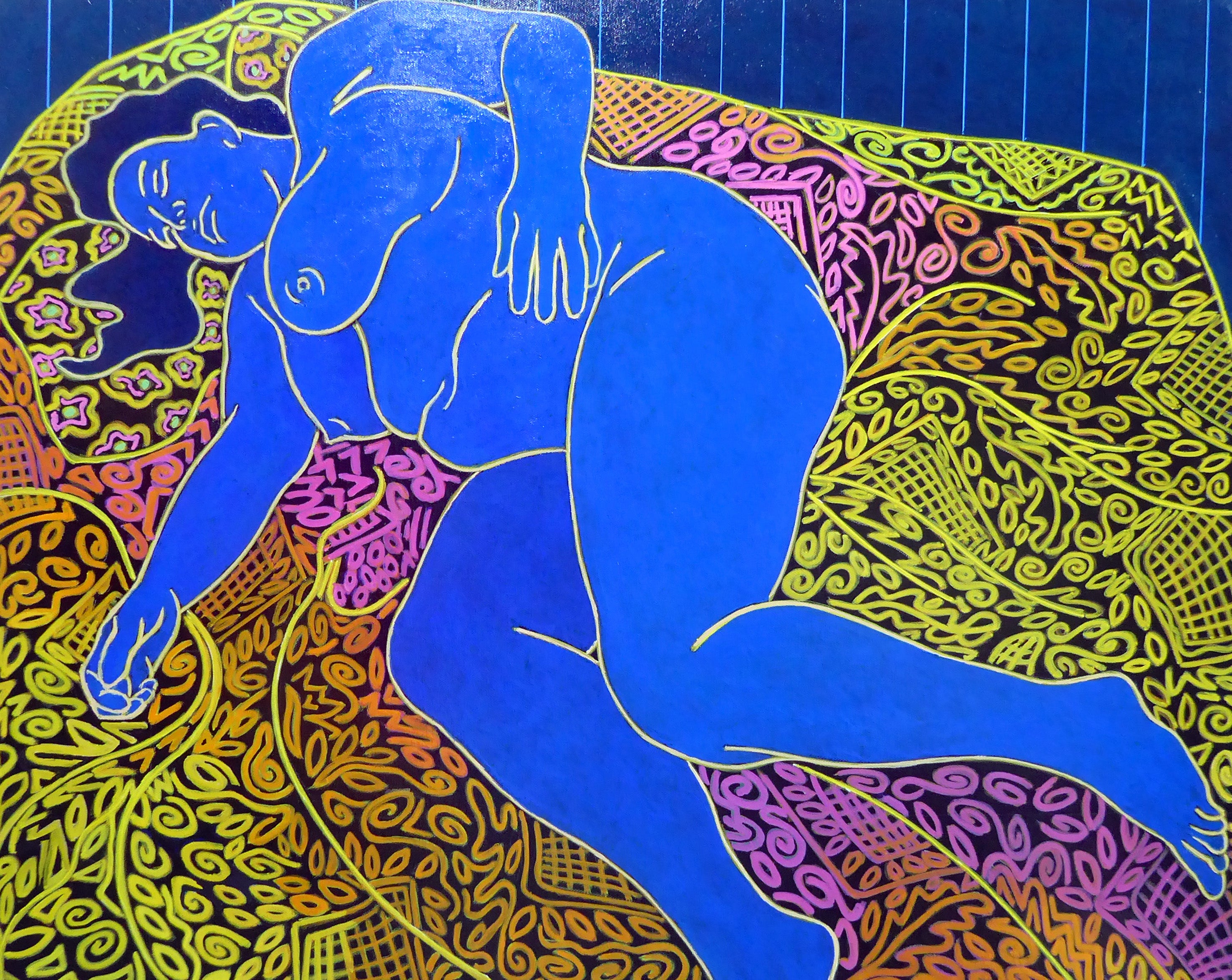 BLUE NUDE SLEEPS ON PATTERNED THROW