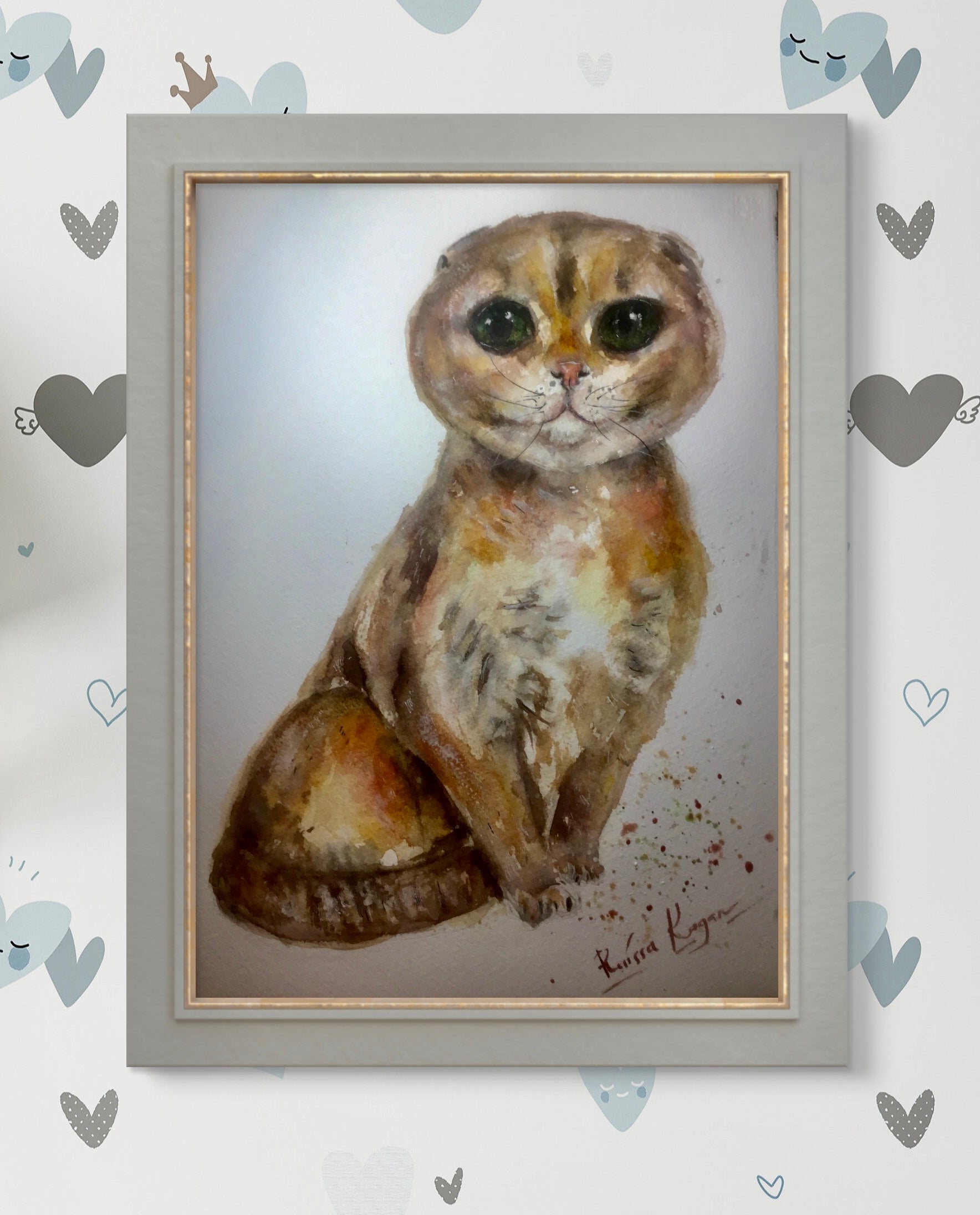 Scottish Fold Cat Original Watercolor – Hand-Painted Pet Portrait