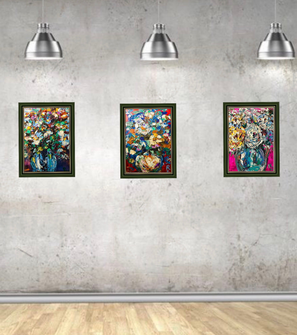 Triptych,set of 3 oil paintings,flowers in vases.