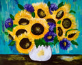 Sunflowers in a vase. Palette knife painting on canvas.