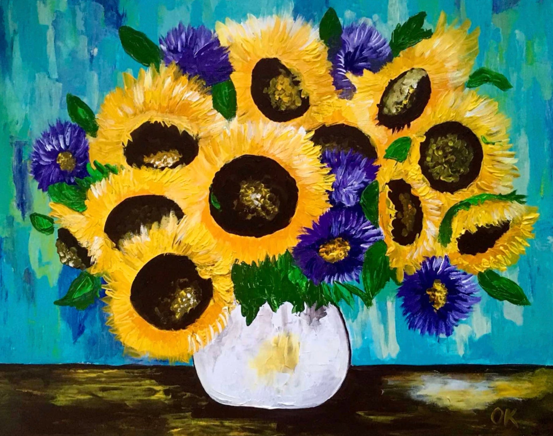 Sunflowers in a vase. Palette knife painting on canvas.